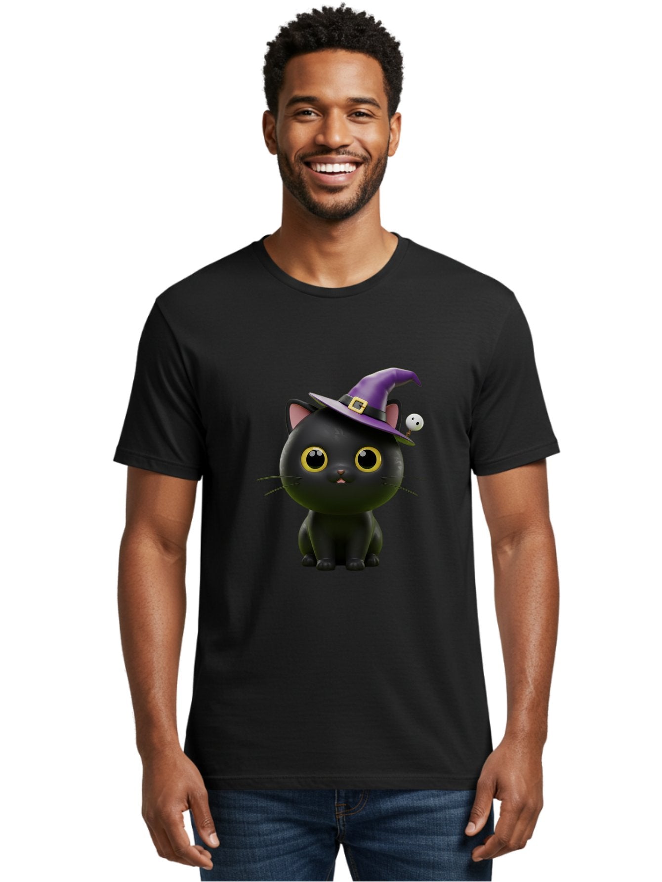 Black-Cat-Witch-1 Men'S Graphic Tee, 100% Cotton, Comfortable Casual Summer Wear, Machine Washable, Black Cat, Purple Witch Hat, Gold Buckle, Spooky Eyes, Cartoon Character, Halloween Theme, Cute Kitty, Witch'S Familiar, Mystical Creature Bac627 24