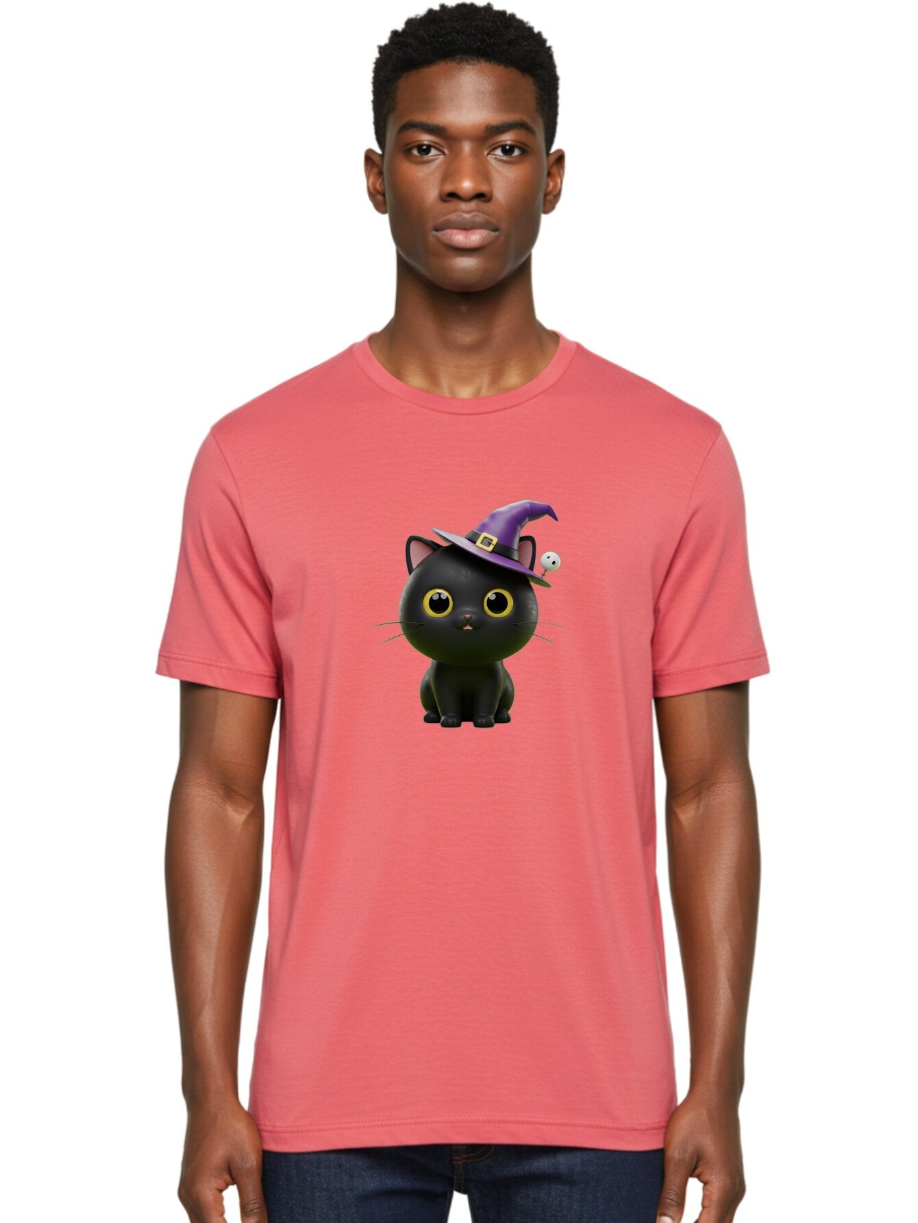 Black-Cat-Witch-1 Men'S Graphic Tee, 100% Cotton, Comfortable Casual Summer Wear, Machine Washable, Black Cat, Purple Witch Hat, Gold Buckle, Spooky Eyes, Cartoon Character, Halloween Theme, Cute Kitty, Witch'S Familiar, Mystical Creature Bac627 20