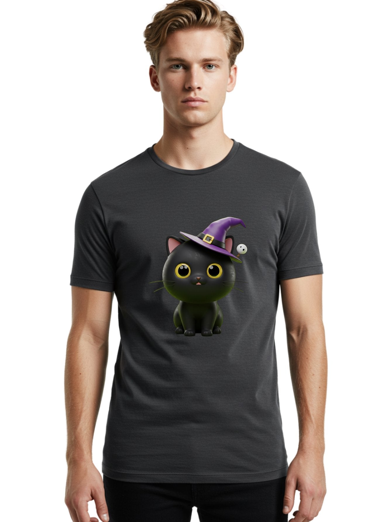 Black-Cat-Witch-1 Men'S Graphic Tee, 100% Cotton, Comfortable Casual Summer Wear, Machine Washable, Black Cat, Purple Witch Hat, Gold Buckle, Spooky Eyes, Cartoon Character, Halloween Theme, Cute Kitty, Witch'S Familiar, Mystical Creature Bac627 30