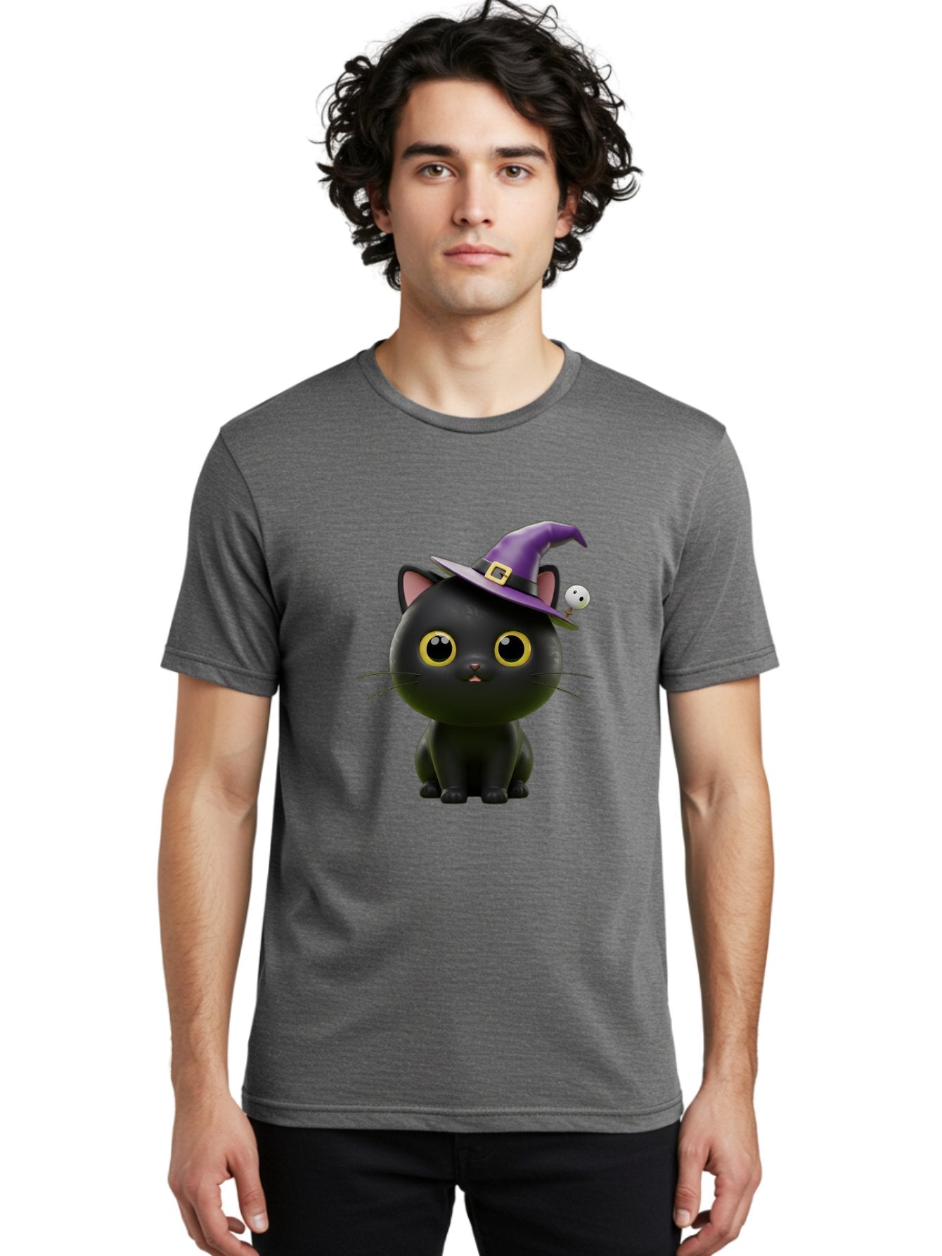 Black-Cat-Witch-1 Men'S Graphic Tee, 100% Cotton, Comfortable Casual Summer Wear, Machine Washable, Black Cat, Purple Witch Hat, Gold Buckle, Spooky Eyes, Cartoon Character, Halloween Theme, Cute Kitty, Witch'S Familiar, Mystical Creature Bac627 21