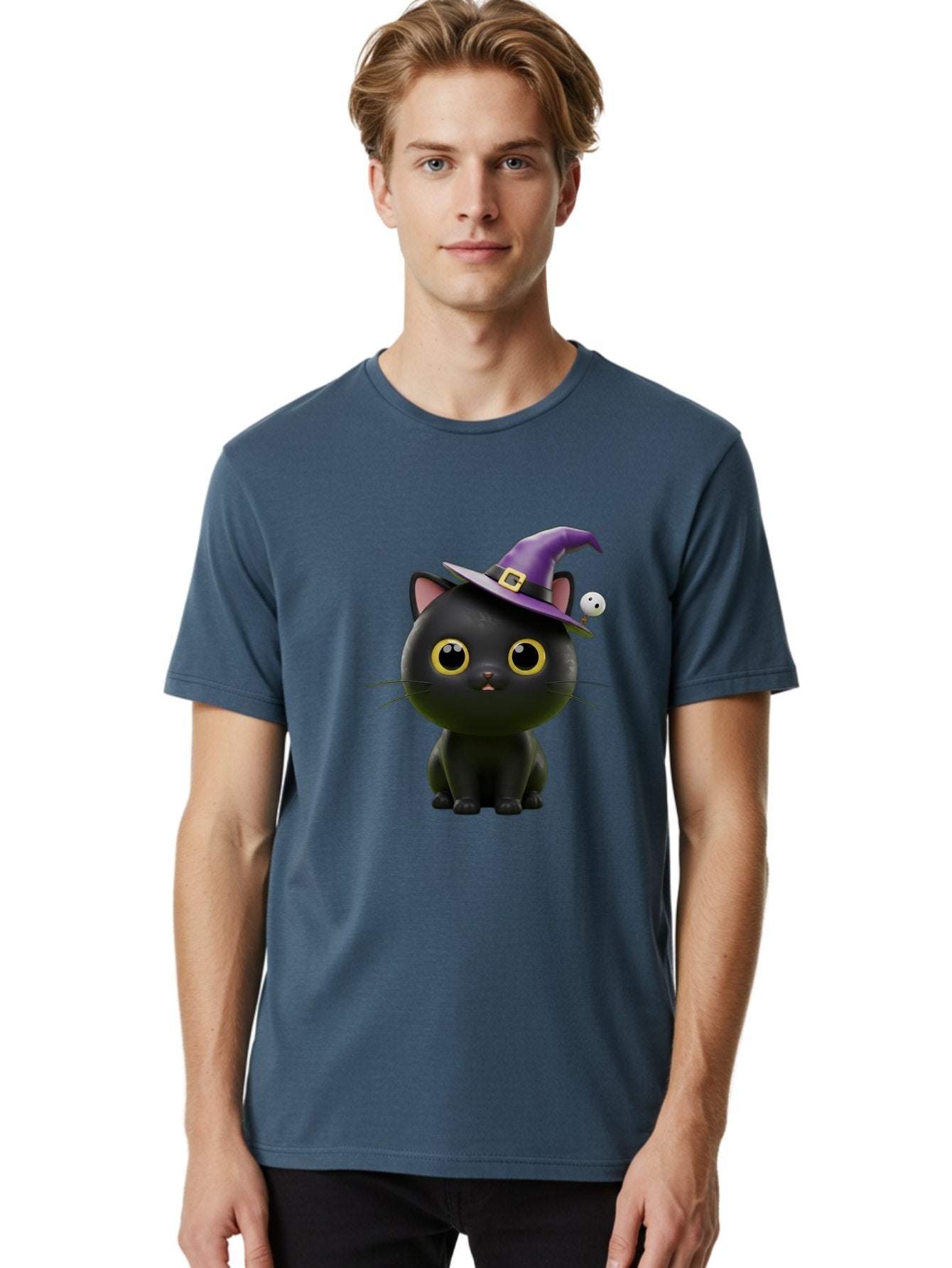 Black-Cat-Witch-1 Men'S Graphic Tee, 100% Cotton, Comfortable Casual Summer Wear, Machine Washable, Black Cat, Purple Witch Hat, Gold Buckle, Spooky Eyes, Cartoon Character, Halloween Theme, Cute Kitty, Witch'S Familiar, Mystical Creature Bac627 17
