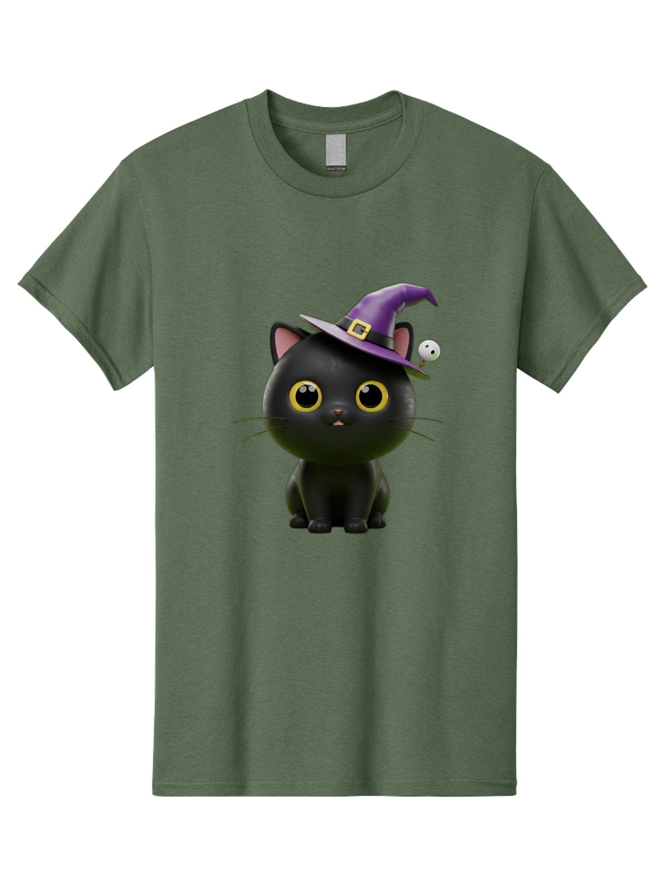 Black-Cat-Witch-1 Men'S Graphic Tee, 100% Cotton, Comfortable Casual Summer Wear, Machine Washable, Black Cat, Purple Witch Hat, Gold Buckle, Spooky Eyes, Cartoon Character, Halloween Theme, Cute Kitty, Witch'S Familiar, Mystical Creature Bac627 3