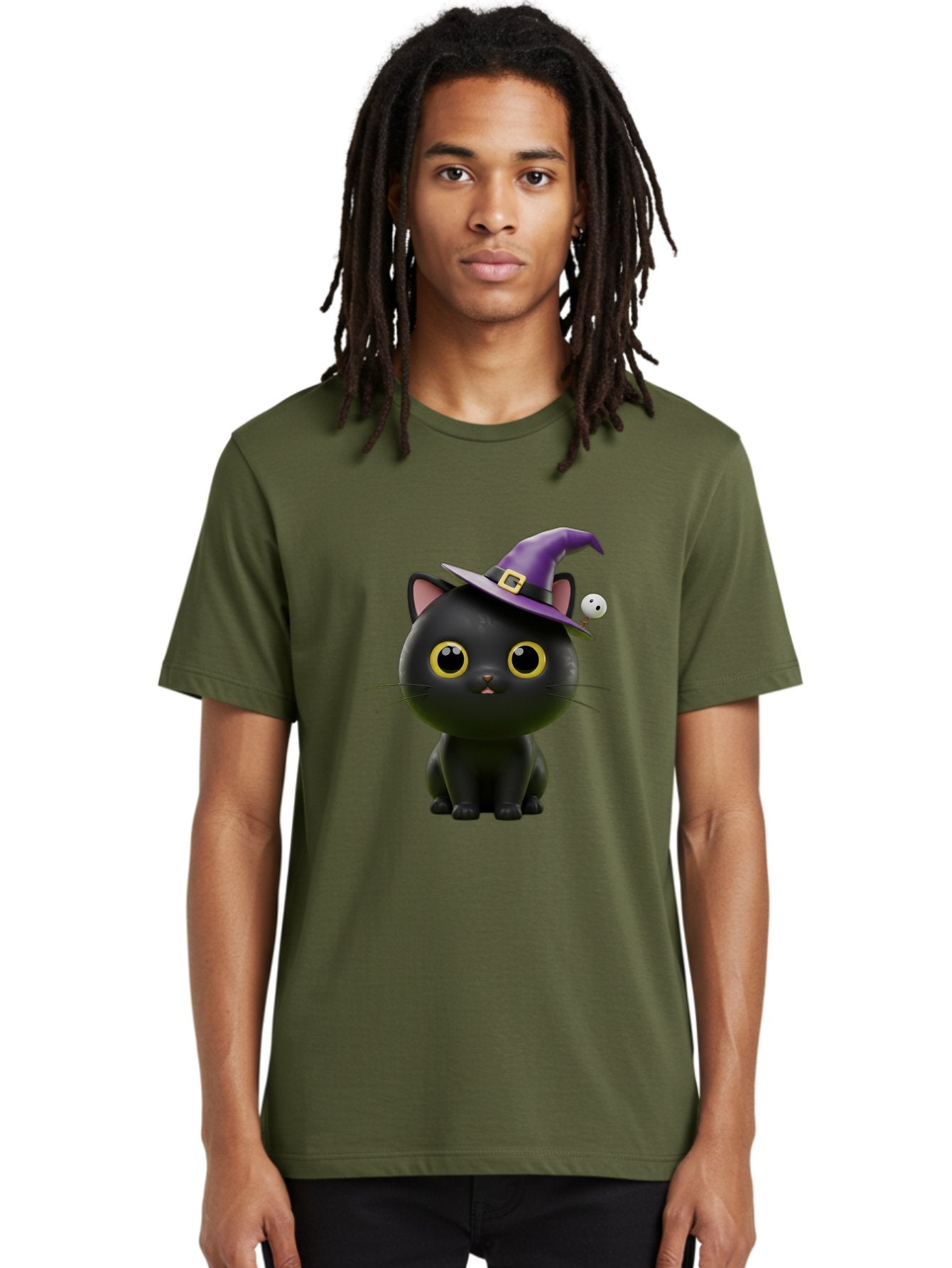 Black-Cat-Witch-1 Men'S Graphic Tee, 100% Cotton, Comfortable Casual Summer Wear, Machine Washable, Black Cat, Purple Witch Hat, Gold Buckle, Spooky Eyes, Cartoon Character, Halloween Theme, Cute Kitty, Witch'S Familiar, Mystical Creature Bac627 22