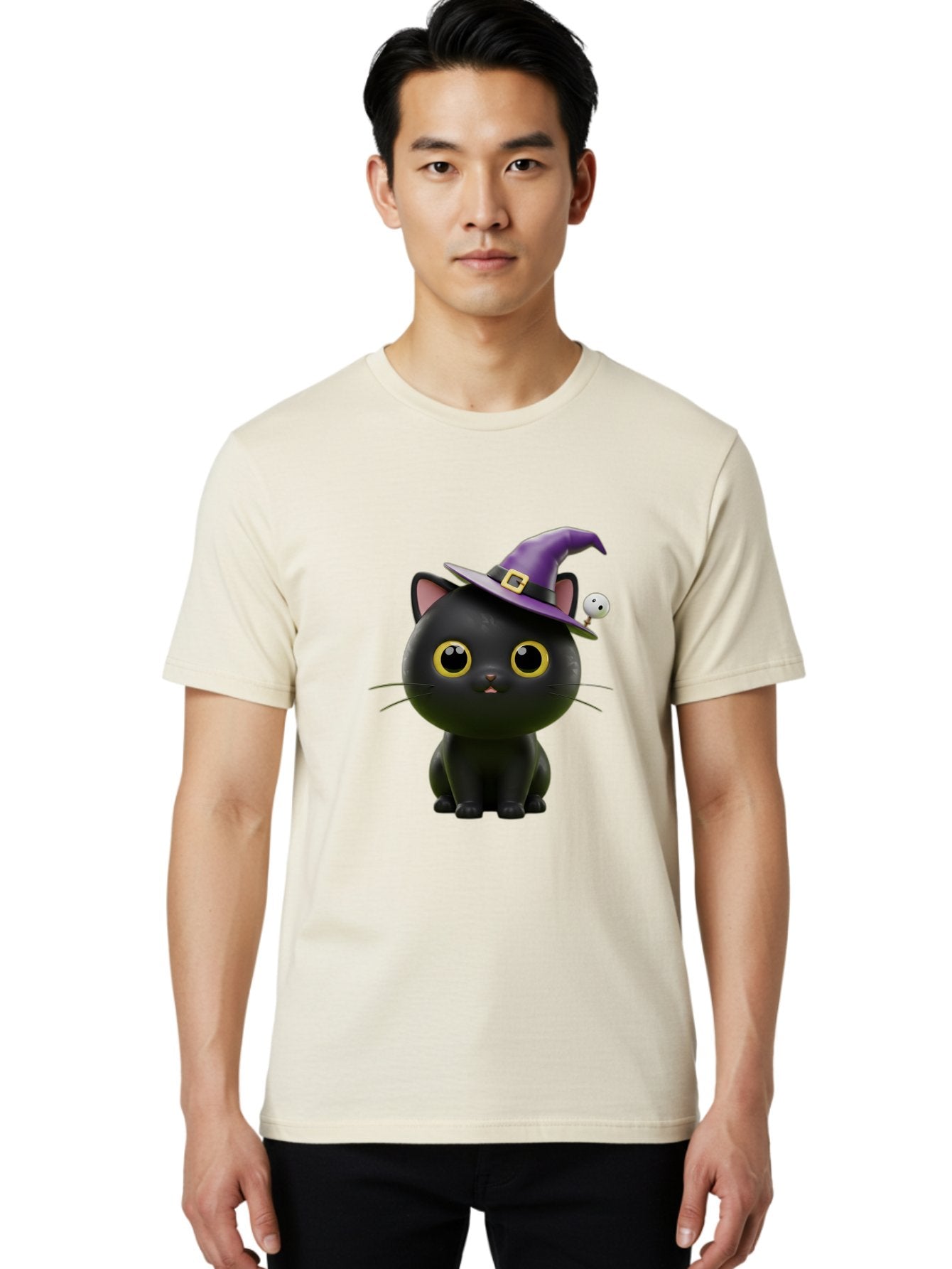 Black-Cat-Witch-1 Men'S Graphic Tee, 100% Cotton, Comfortable Casual Summer Wear, Machine Washable, Black Cat, Purple Witch Hat, Gold Buckle, Spooky Eyes, Cartoon Character, Halloween Theme, Cute Kitty, Witch'S Familiar, Mystical Creature Bac627 18