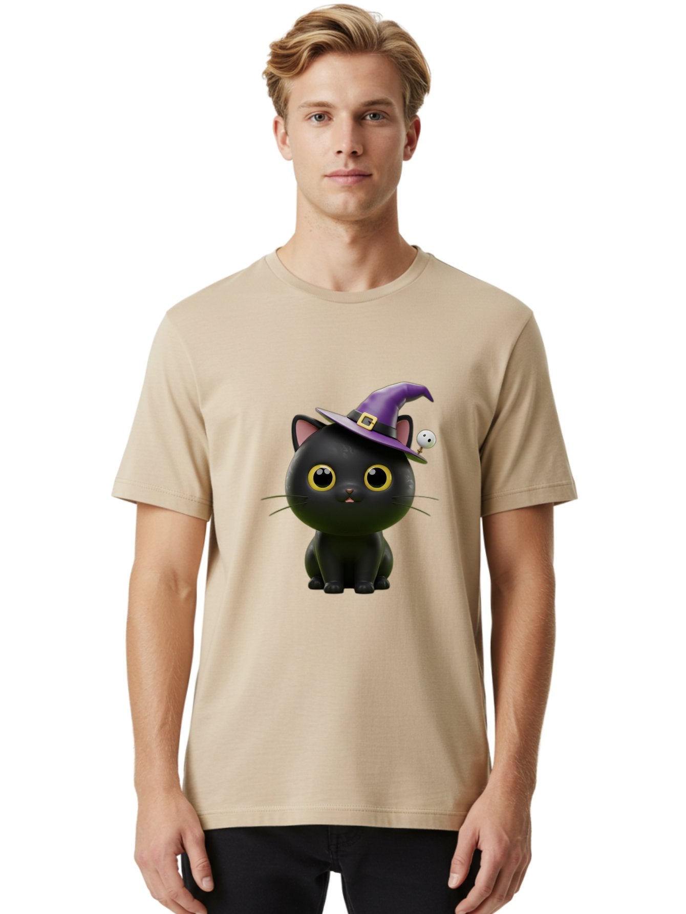 Black-Cat-Witch-1 Men'S Graphic Tee, 100% Cotton, Comfortable Casual Summer Wear, Machine Washable, Black Cat, Purple Witch Hat, Gold Buckle, Spooky Eyes, Cartoon Character, Halloween Theme, Cute Kitty, Witch'S Familiar, Mystical Creature Bac627 16