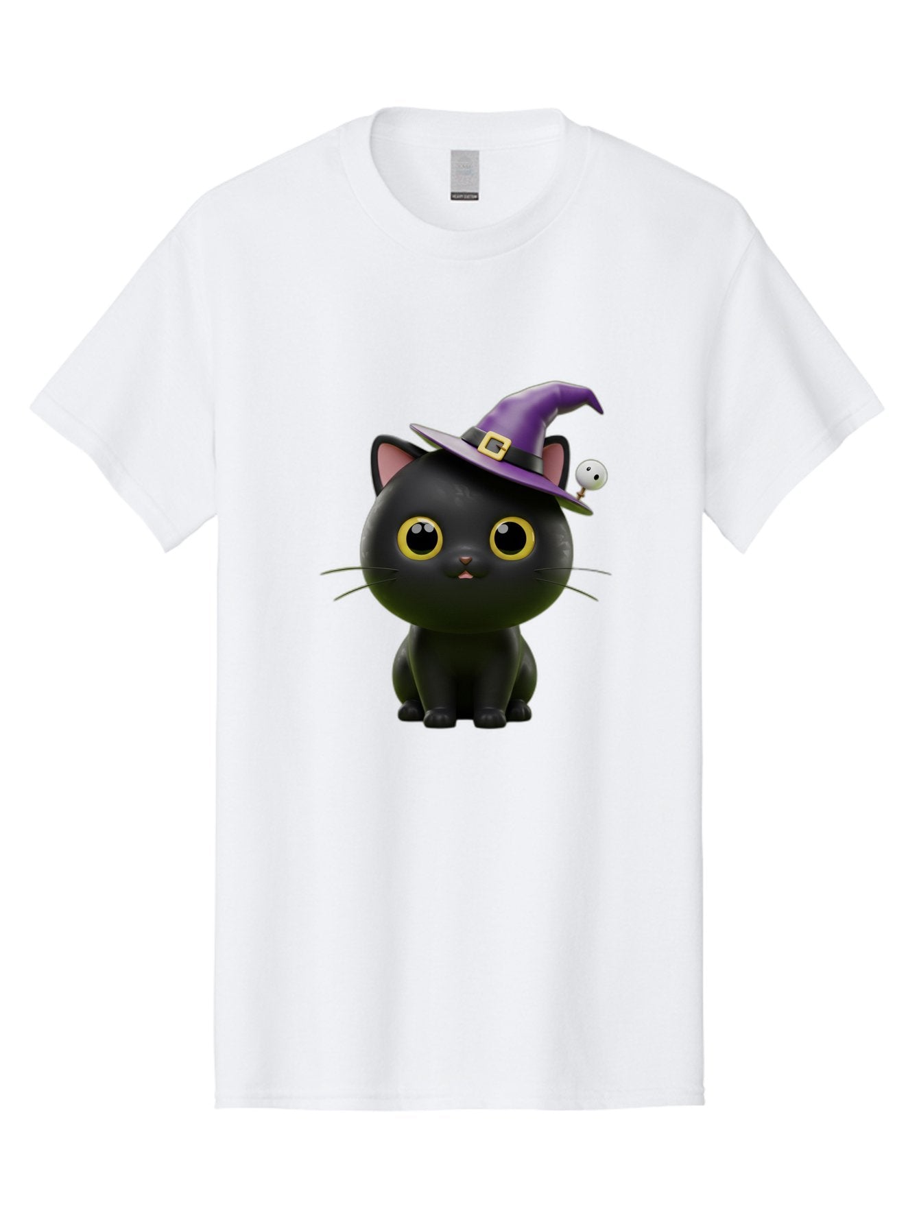 Black-Cat-Witch-1 Men'S Graphic Tee, 100% Cotton, Comfortable Casual Summer Wear, Machine Washable, Black Cat, Purple Witch Hat, Gold Buckle, Spooky Eyes, Cartoon Character, Halloween Theme, Cute Kitty, Witch'S Familiar, Mystical Creature Bac627