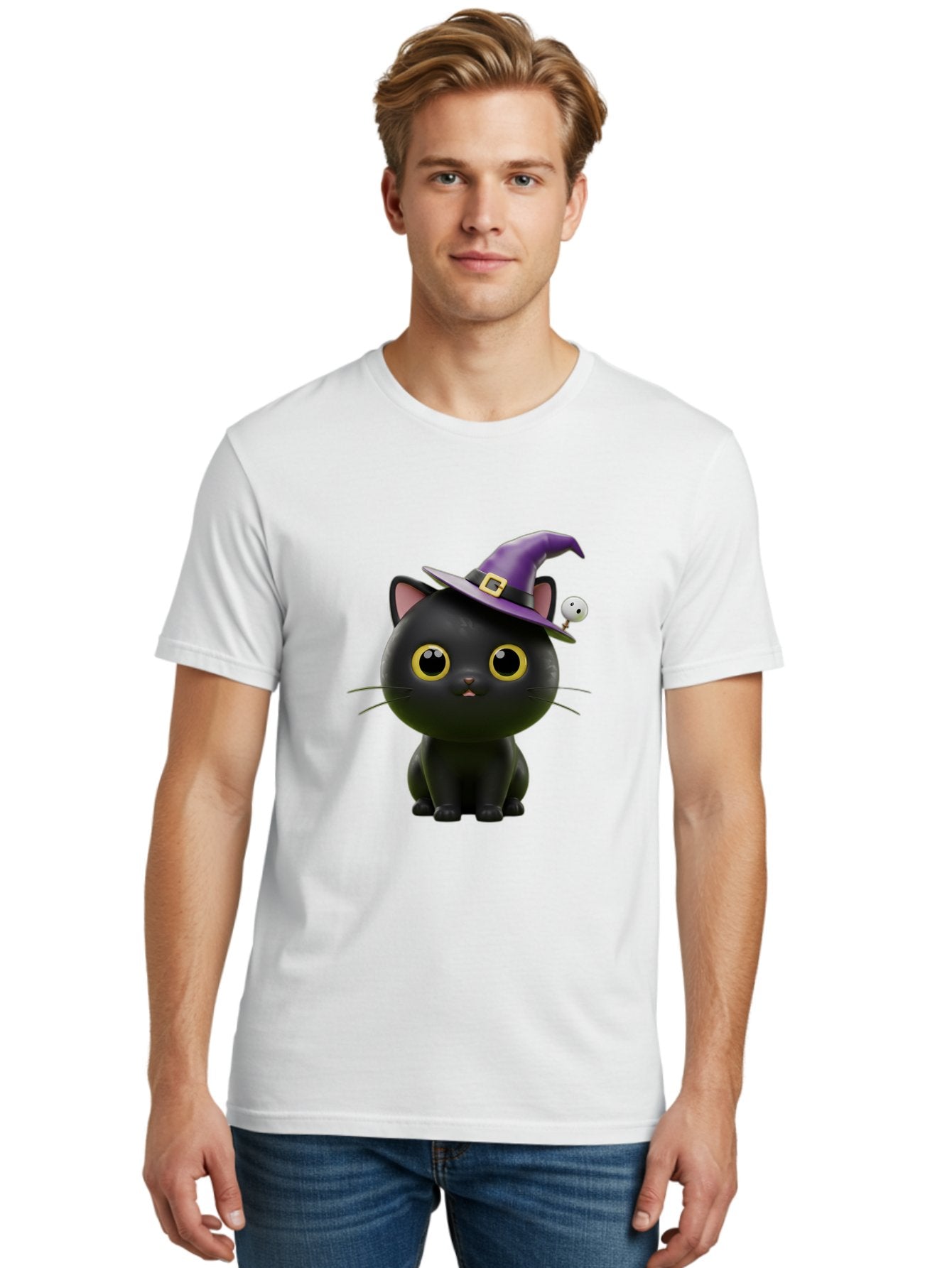Black-Cat-Witch-1 Men'S Graphic Tee, 100% Cotton, Comfortable Casual Summer Wear, Machine Washable, Black Cat, Purple Witch Hat, Gold Buckle, Spooky Eyes, Cartoon Character, Halloween Theme, Cute Kitty, Witch'S Familiar, Mystical Creature Bac627 19