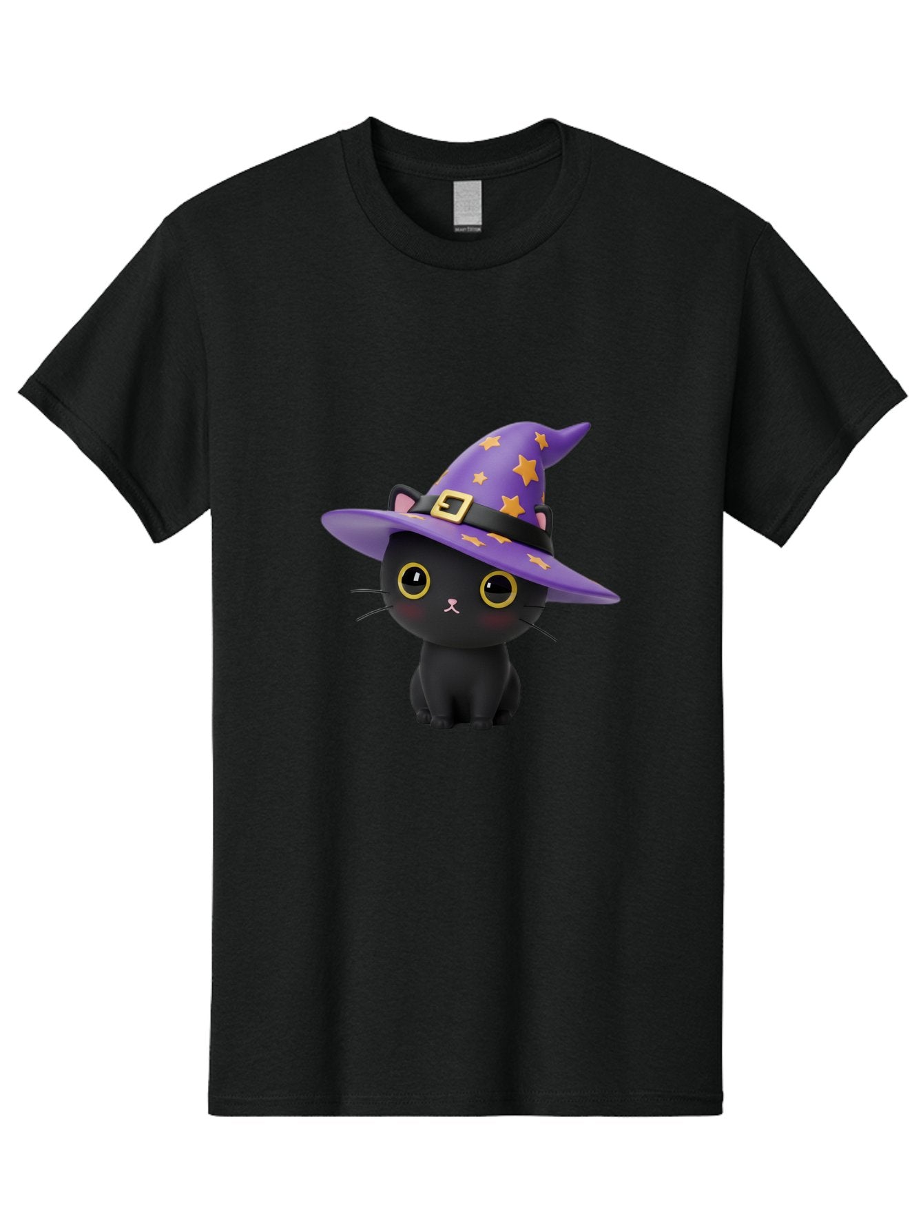 Black-Cat-Witch-Hat Men'S Graphic Tee, 100% Cotton, Comfortable Casual Summer Wear, Machine Washable, Black Cat Wearing Purple Witch Hat, Yellow Stars, Gold Buckle, Cartoon Character, Whimsical Design, Mystical Theme, Halloween Spirit, Bac628 15