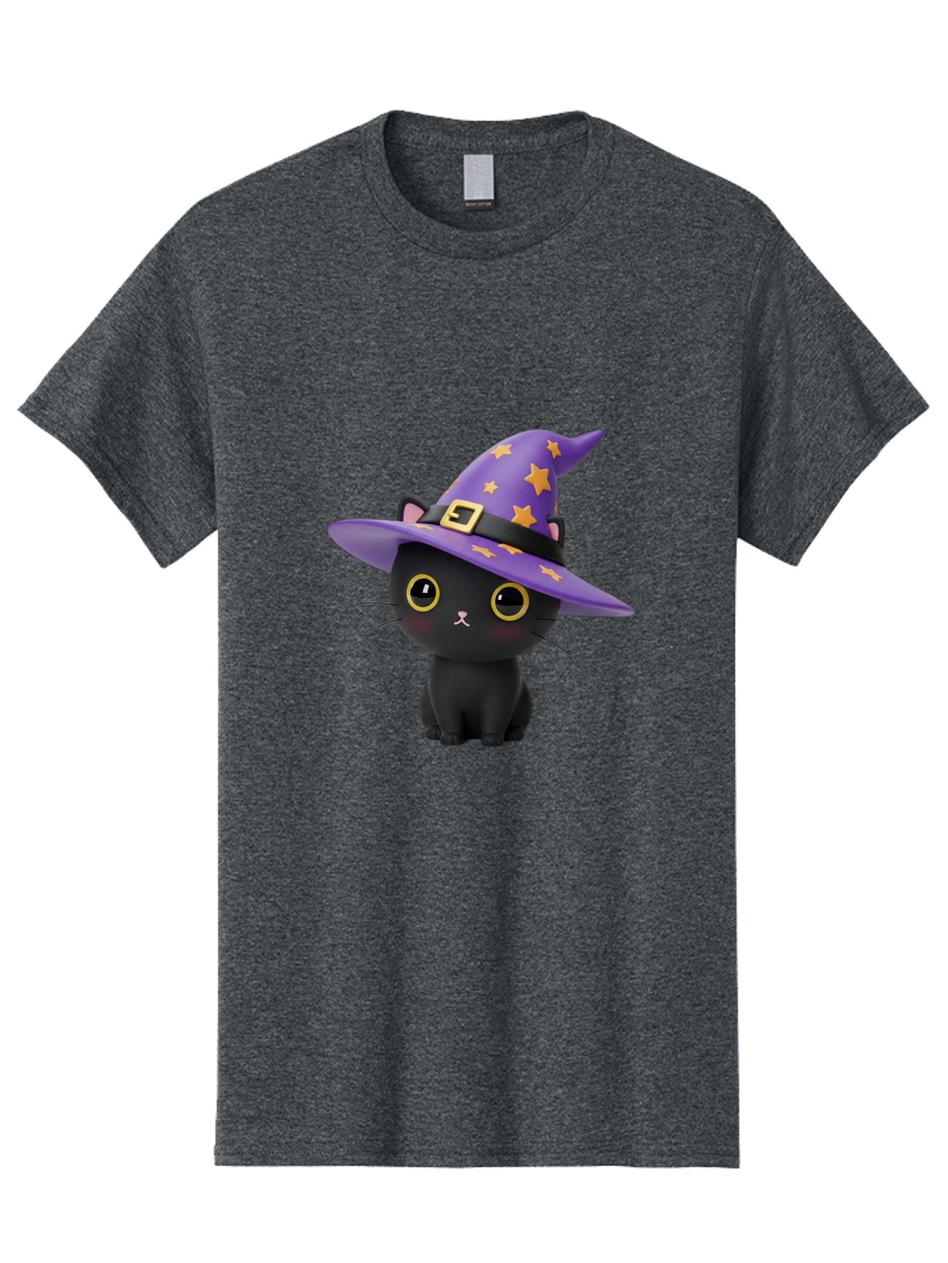 Black-Cat-Witch-Hat Men'S Graphic Tee, 100% Cotton, Comfortable Casual Summer Wear, Machine Washable, Black Cat Wearing Purple Witch Hat, Yellow Stars, Gold Buckle, Cartoon Character, Whimsical Design, Mystical Theme, Halloween Spirit, Bac628 8