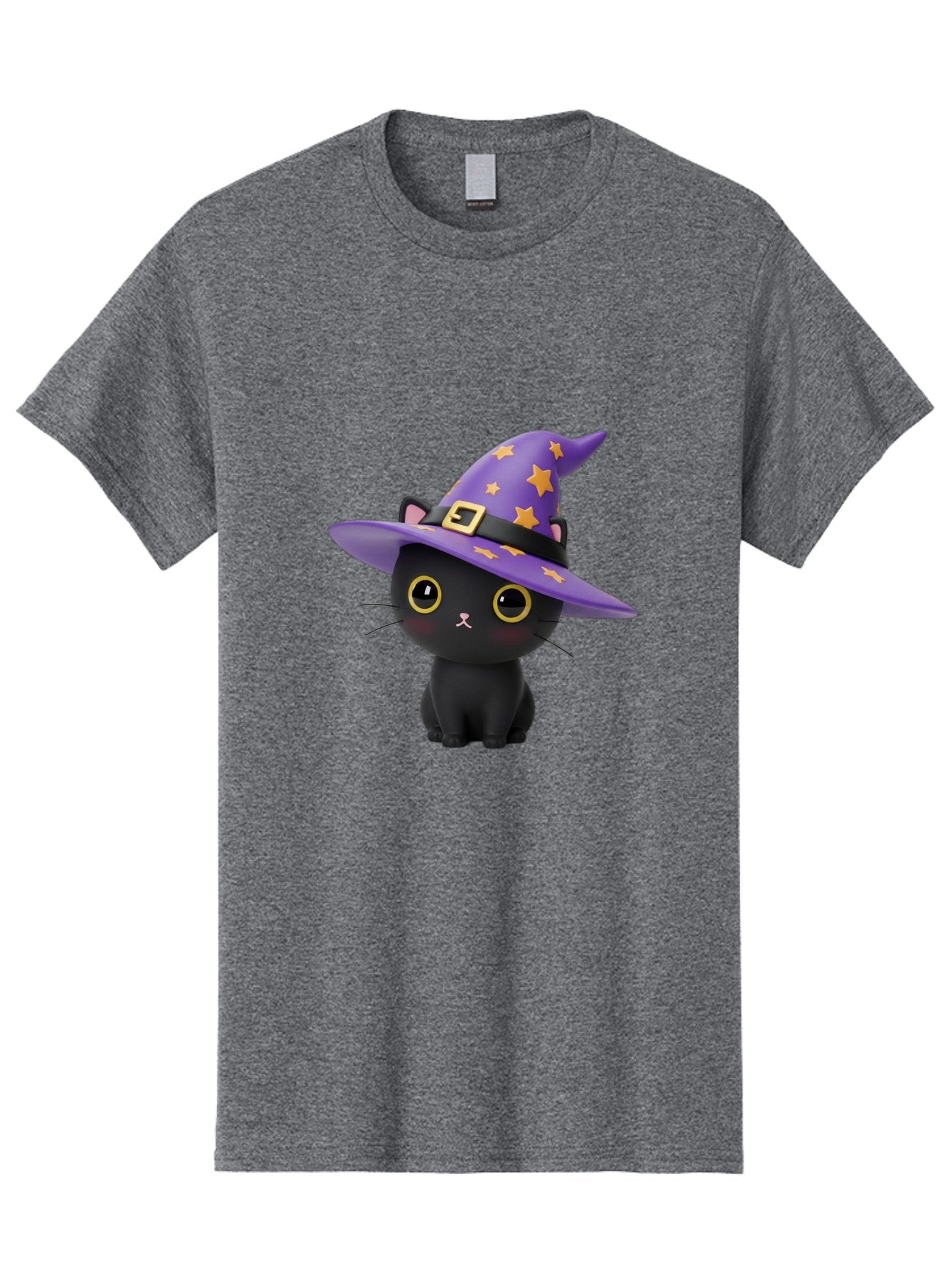 Black-Cat-Witch-Hat Men'S Graphic Tee, 100% Cotton, Comfortable Casual Summer Wear, Machine Washable, Black Cat Wearing Purple Witch Hat, Yellow Stars, Gold Buckle, Cartoon Character, Whimsical Design, Mystical Theme, Halloween Spirit, Bac628