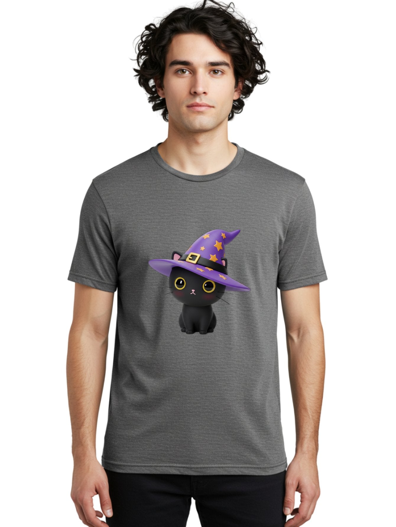 Black-Cat-Witch-Hat Men'S Graphic Tee, 100% Cotton, Comfortable Casual Summer Wear, Machine Washable, Black Cat Wearing Purple Witch Hat, Yellow Stars, Gold Buckle, Cartoon Character, Whimsical Design, Mystical Theme, Halloween Spirit, Bac628 21