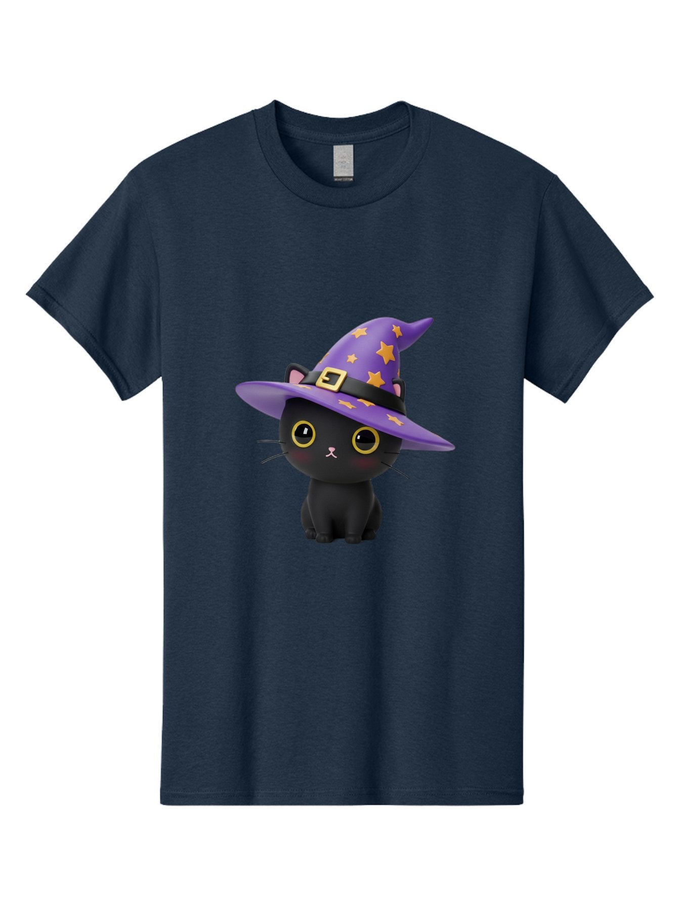 Black-Cat-Witch-Hat Men'S Graphic Tee, 100% Cotton, Comfortable Casual Summer Wear, Machine Washable, Black Cat Wearing Purple Witch Hat, Yellow Stars, Gold Buckle, Cartoon Character, Whimsical Design, Mystical Theme, Halloween Spirit, Bac628 6