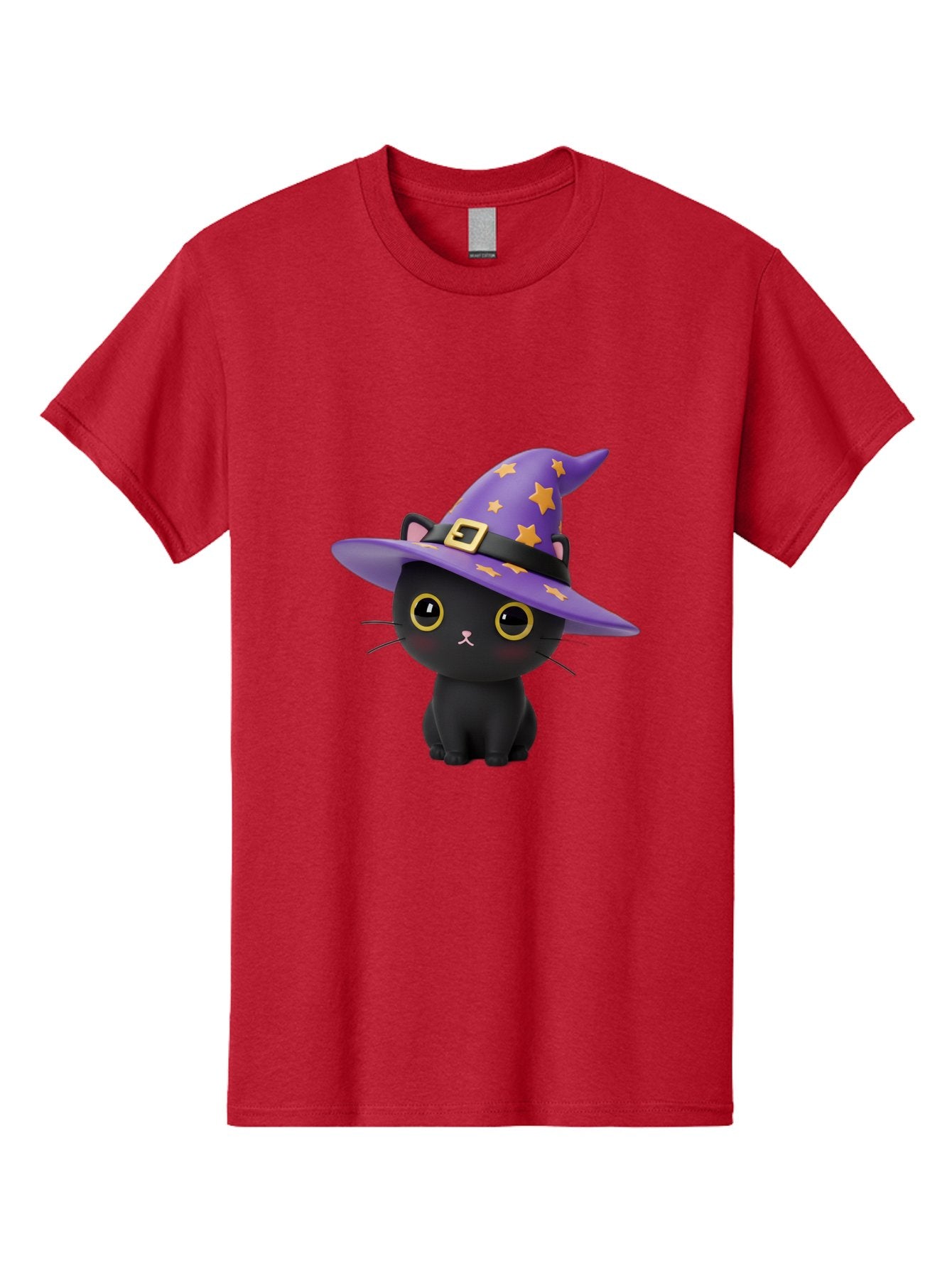 Black-Cat-Witch-Hat Men'S Graphic Tee, 100% Cotton, Comfortable Casual Summer Wear, Machine Washable, Black Cat Wearing Purple Witch Hat, Yellow Stars, Gold Buckle, Cartoon Character, Whimsical Design, Mystical Theme, Halloween Spirit, Bac628 7