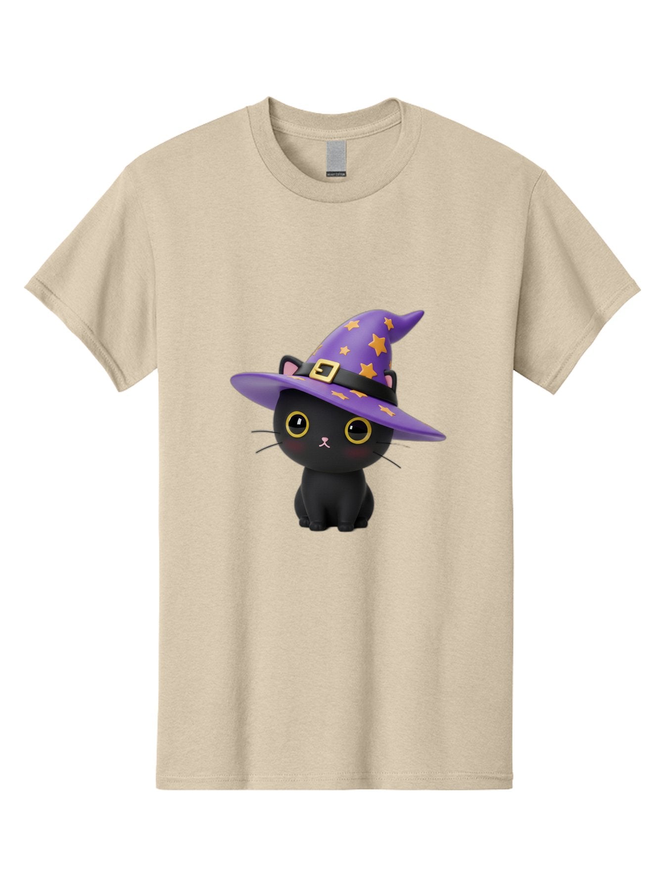 Black-Cat-Witch-Hat Men'S Graphic Tee, 100% Cotton, Comfortable Casual Summer Wear, Machine Washable, Black Cat Wearing Purple Witch Hat, Yellow Stars, Gold Buckle, Cartoon Character, Whimsical Design, Mystical Theme, Halloween Spirit, Bac628 3