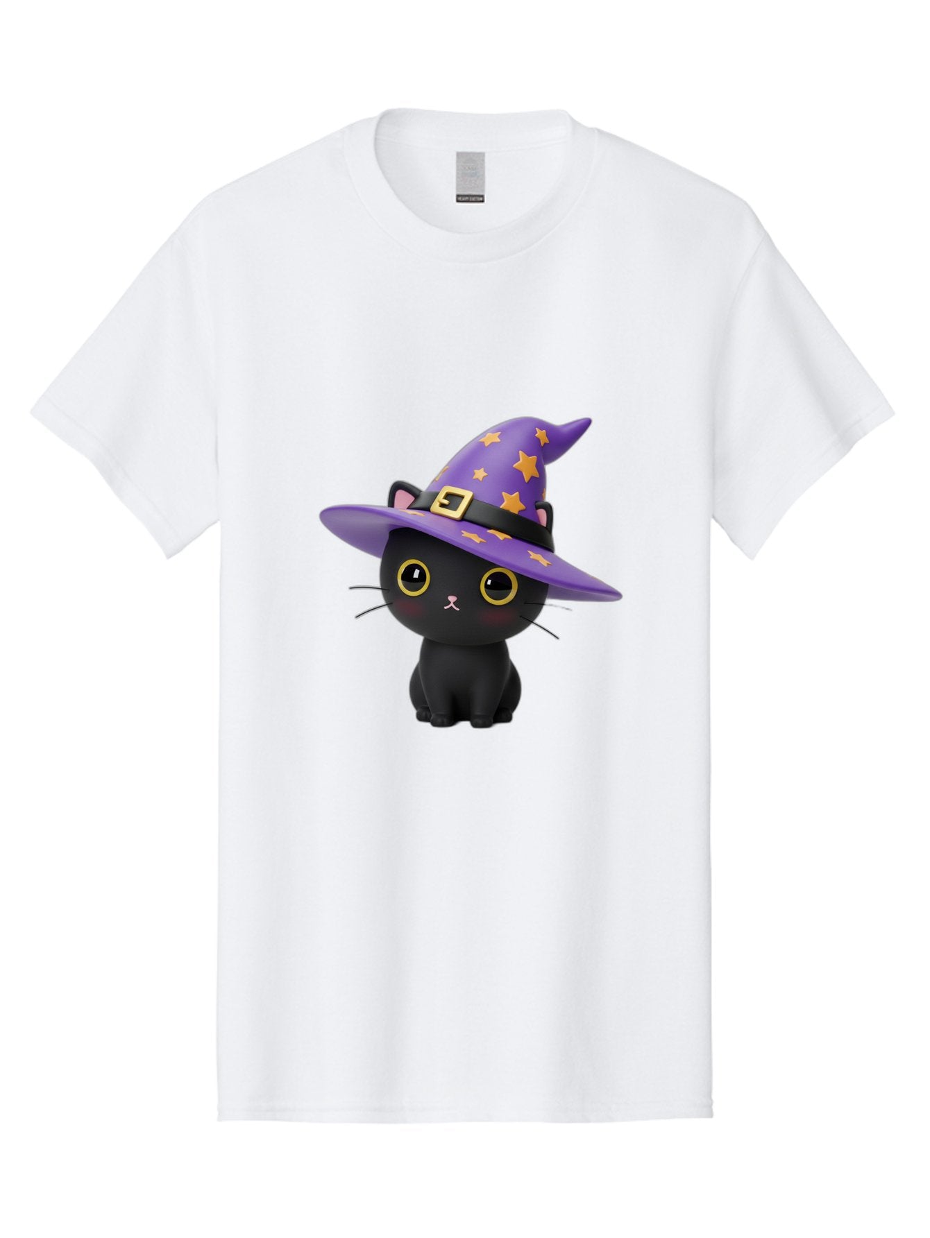Black-Cat-Witch-Hat Men'S Graphic Tee, 100% Cotton, Comfortable Casual Summer Wear, Machine Washable, Black Cat Wearing Purple Witch Hat, Yellow Stars, Gold Buckle, Cartoon Character, Whimsical Design, Mystical Theme, Halloween Spirit, Bac628 4