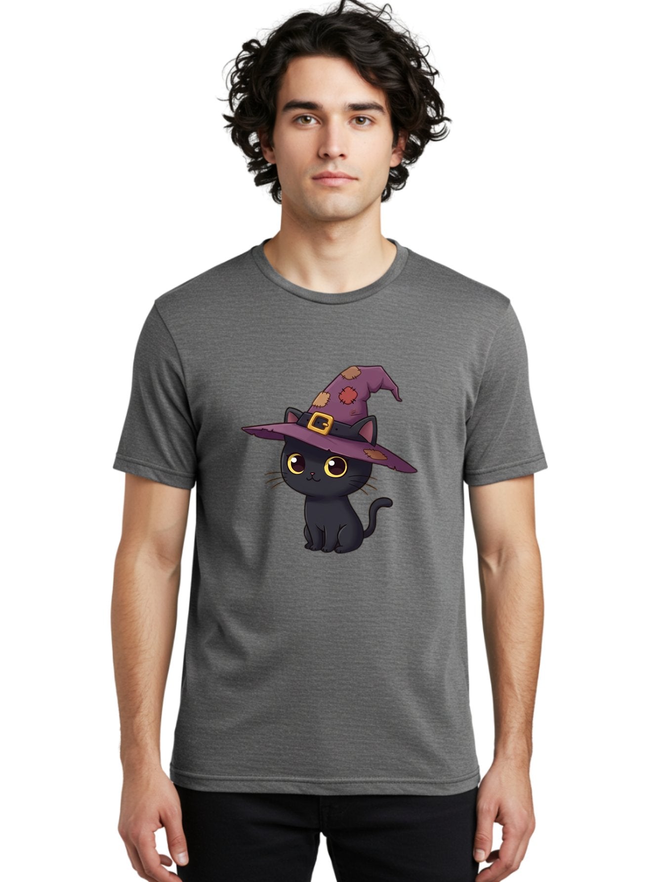 Black-Cat-Witch Men'S Graphic Tee, 100% Cotton, Comfortable Casual Summer Wear, Machine Washable, Black Cat Wearing Purple Witch Hat, Halloween Theme, Cute Cartoon Character, Spooky Kitty, Magical Feline, Witch'S Familiar, Bac629 26