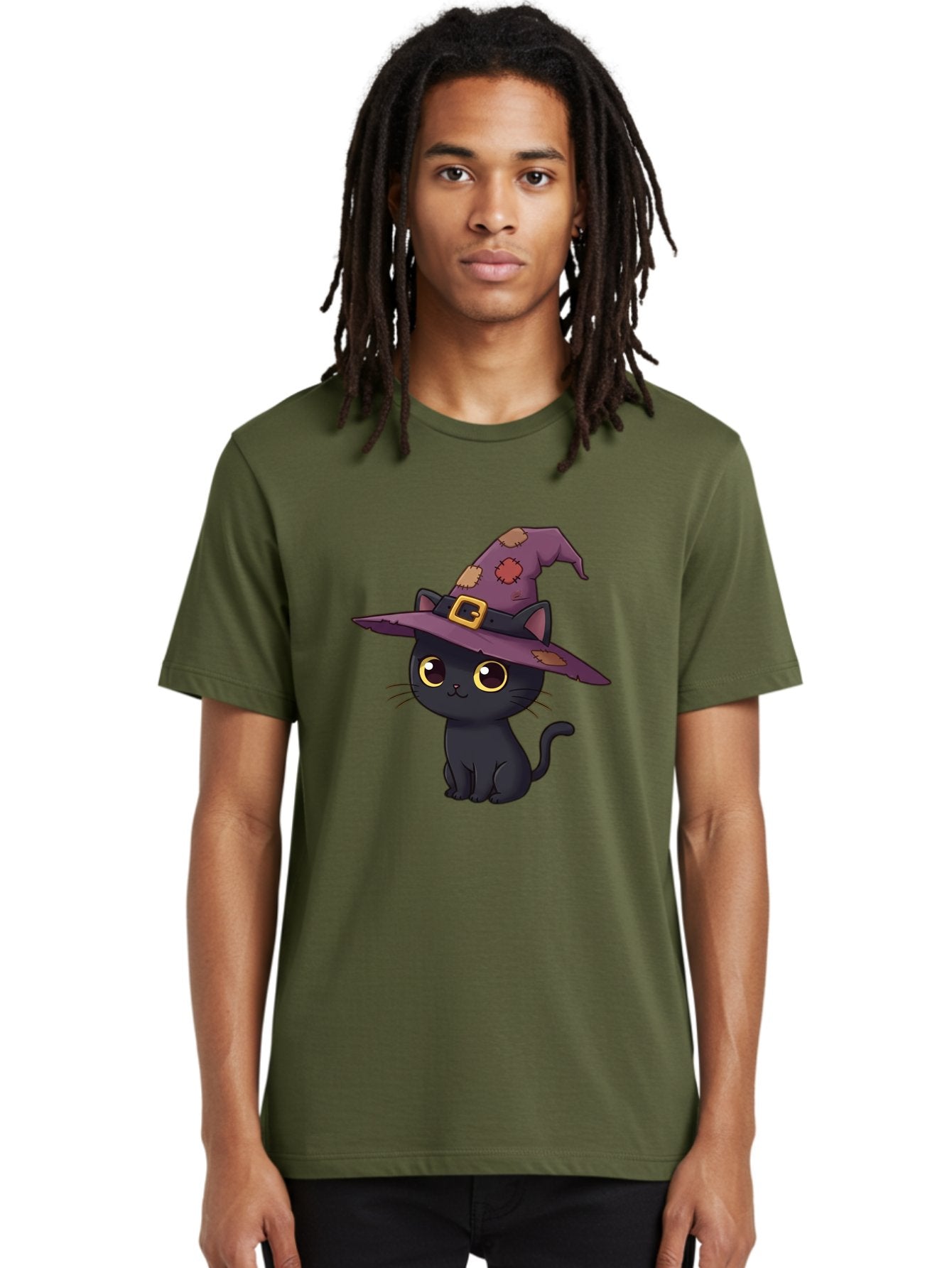 Black-Cat-Witch Men'S Graphic Tee, 100% Cotton, Comfortable Casual Summer Wear, Machine Washable, Black Cat Wearing Purple Witch Hat, Halloween Theme, Cute Cartoon Character, Spooky Kitty, Magical Feline, Witch'S Familiar, Bac629 20