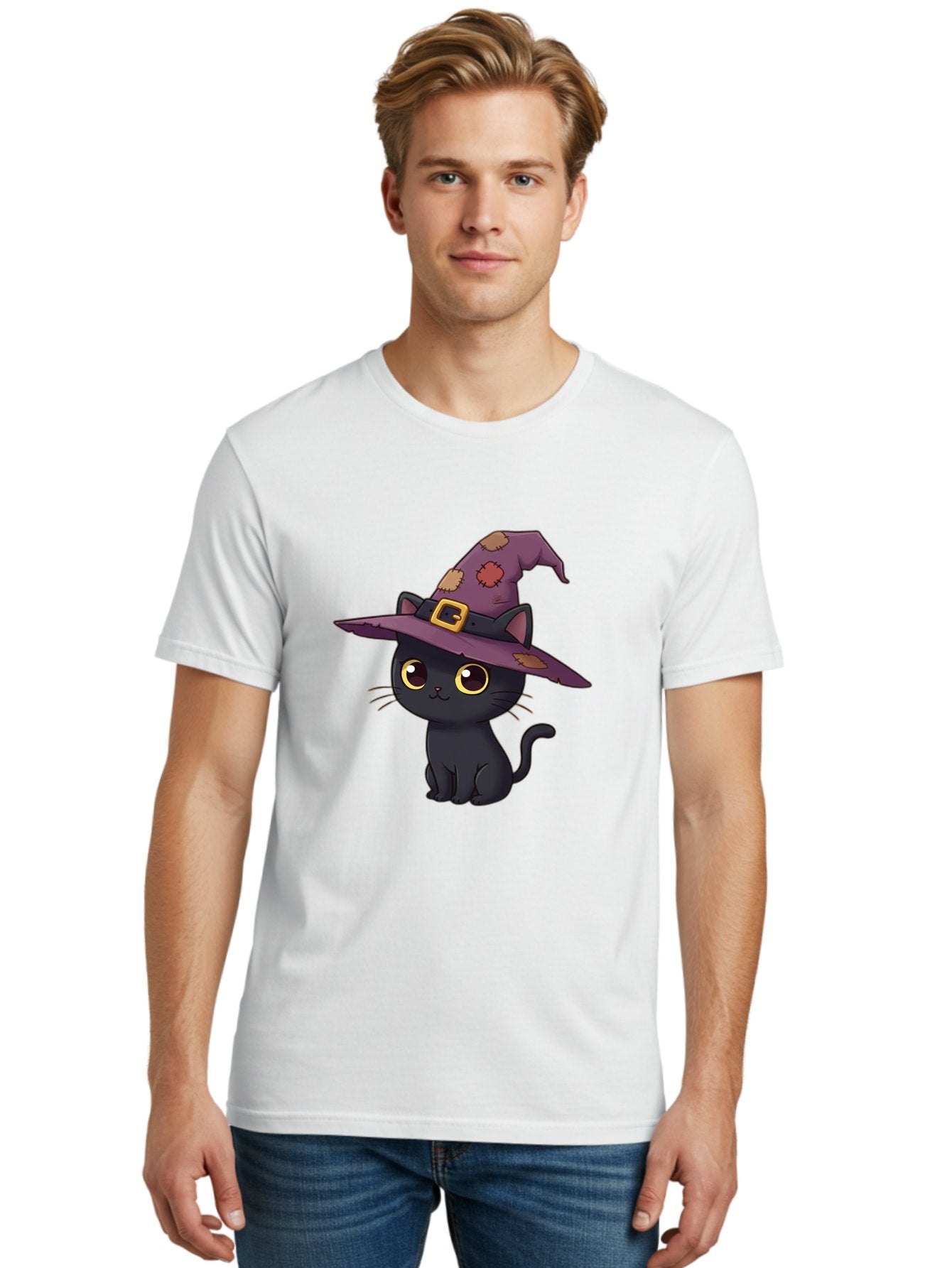 Black-Cat-Witch Men'S Graphic Tee, 100% Cotton, Comfortable Casual Summer Wear, Machine Washable, Black Cat Wearing Purple Witch Hat, Halloween Theme, Cute Cartoon Character, Spooky Kitty, Magical Feline, Witch'S Familiar, Bac629 21