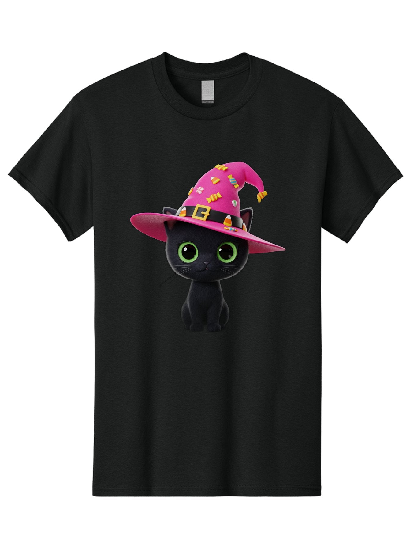 Black-Cat-With-Pink-Witch-Hat Men'S Graphic Tee, 100% Cotton, Comfortable Casual Summer Wear, Machine Washable, Black Cat, Pink Witch Hat, Candy Decorations, Gold Buckle, Green Eyes, Cartoon Style, Whimsical Design, Halloween Theme, Bac630 3