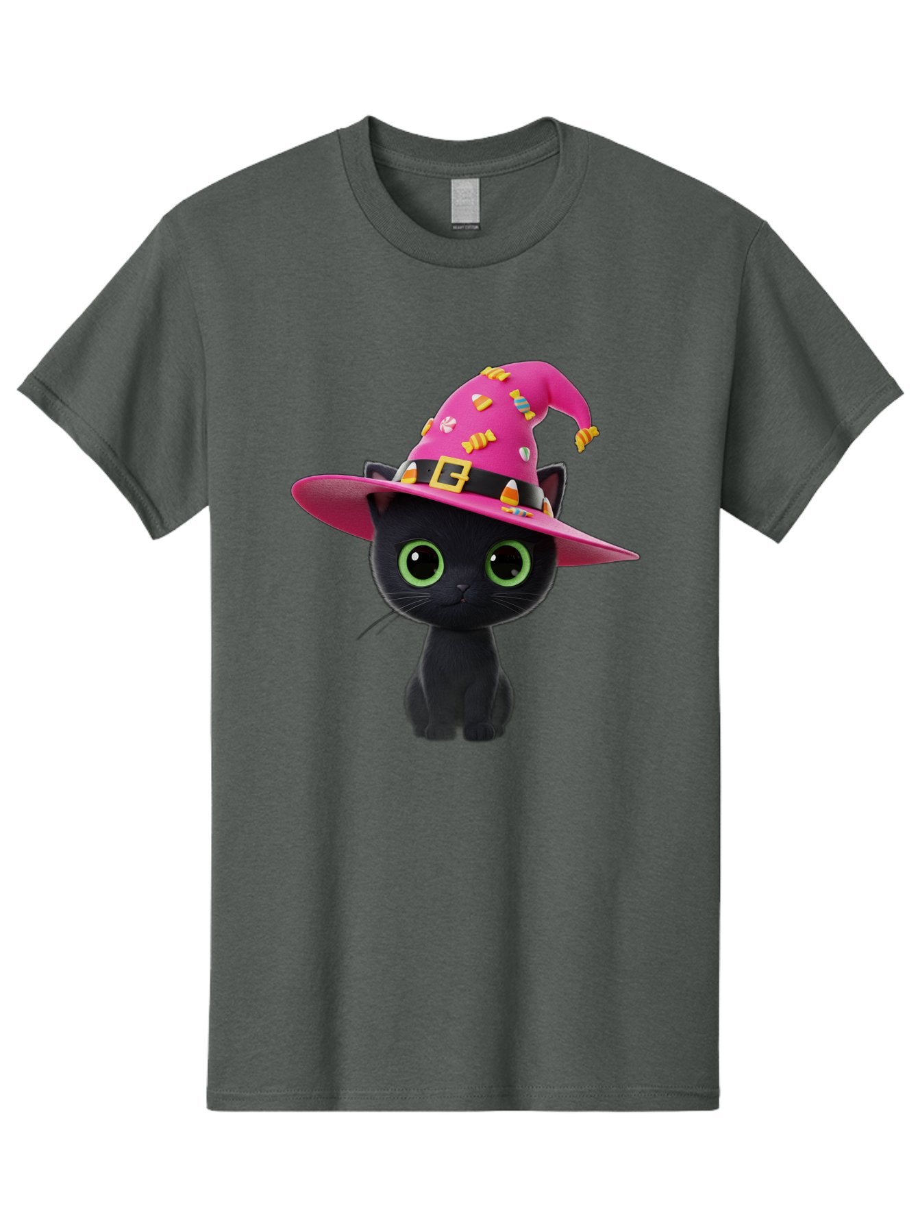 Black-Cat-With-Pink-Witch-Hat Men'S Graphic Tee, 100% Cotton, Comfortable Casual Summer Wear, Machine Washable, Black Cat, Pink Witch Hat, Candy Decorations, Gold Buckle, Green Eyes, Cartoon Style, Whimsical Design, Halloween Theme, Bac630 11