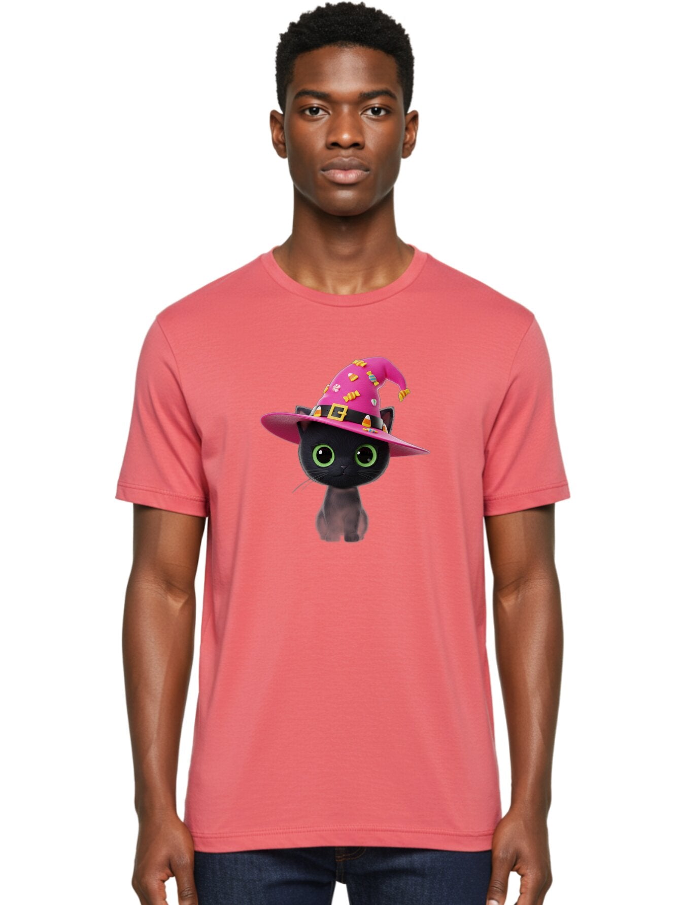 Black-Cat-With-Pink-Witch-Hat Men'S Graphic Tee, 100% Cotton, Comfortable Casual Summer Wear, Machine Washable, Black Cat, Pink Witch Hat, Candy Decorations, Gold Buckle, Green Eyes, Cartoon Style, Whimsical Design, Halloween Theme, Bac630 29