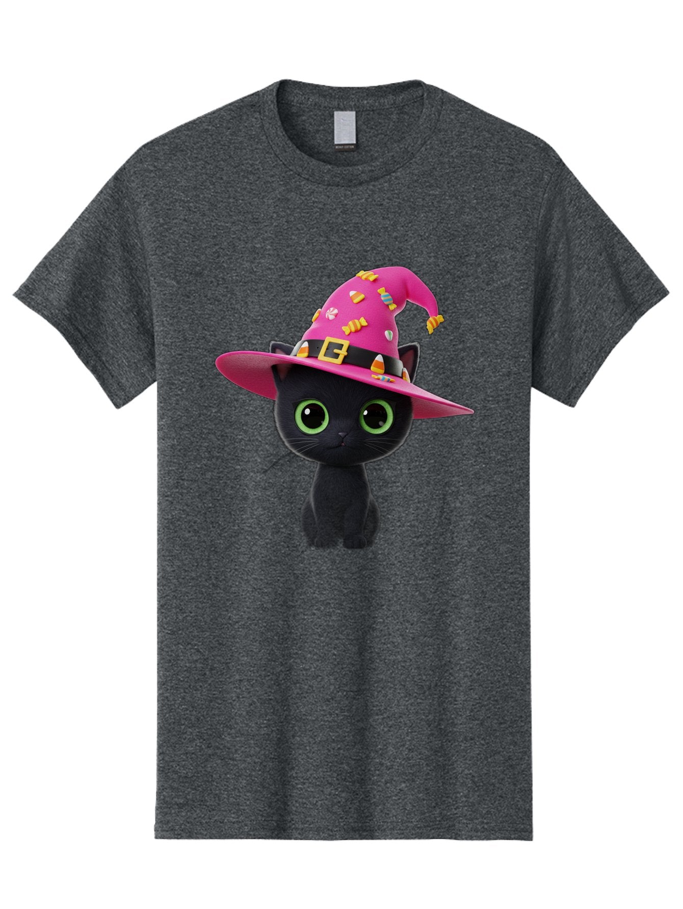 Black-Cat-With-Pink-Witch-Hat Men'S Graphic Tee, 100% Cotton, Comfortable Casual Summer Wear, Machine Washable, Black Cat, Pink Witch Hat, Candy Decorations, Gold Buckle, Green Eyes, Cartoon Style, Whimsical Design, Halloween Theme, Bac630