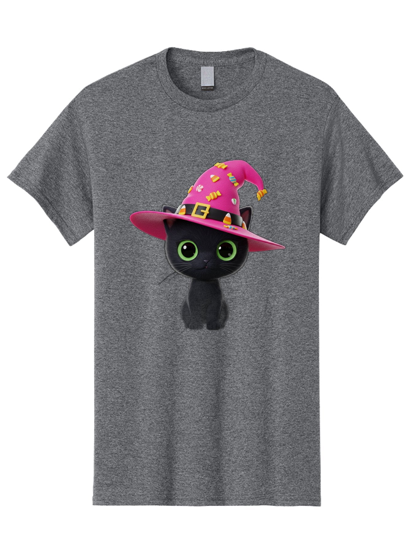 Black-Cat-With-Pink-Witch-Hat Men'S Graphic Tee, 100% Cotton, Comfortable Casual Summer Wear, Machine Washable, Black Cat, Pink Witch Hat, Candy Decorations, Gold Buckle, Green Eyes, Cartoon Style, Whimsical Design, Halloween Theme, Bac630 8