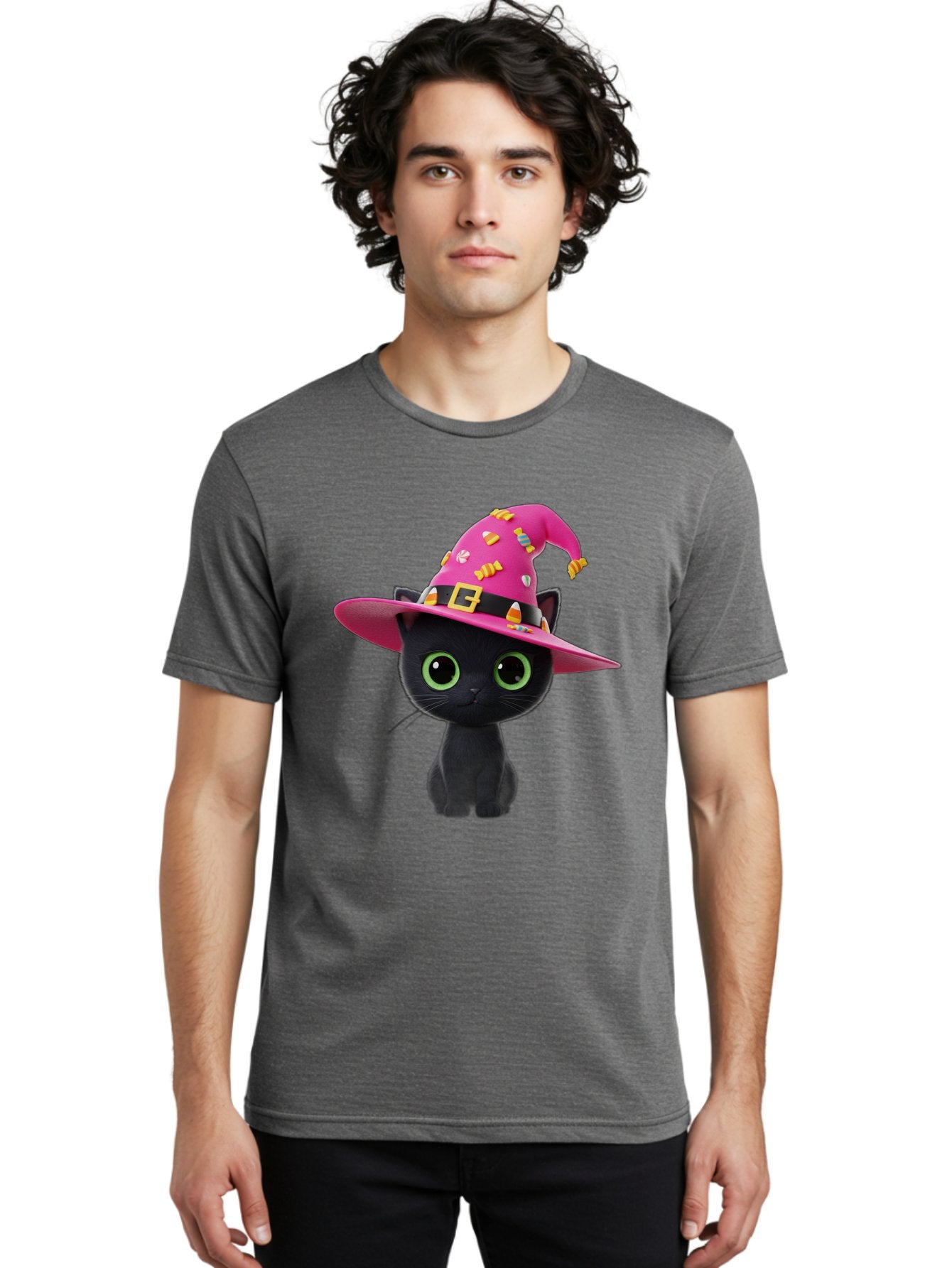 Black-Cat-With-Pink-Witch-Hat Men'S Graphic Tee, 100% Cotton, Comfortable Casual Summer Wear, Machine Washable, Black Cat, Pink Witch Hat, Candy Decorations, Gold Buckle, Green Eyes, Cartoon Style, Whimsical Design, Halloween Theme, Bac630 25