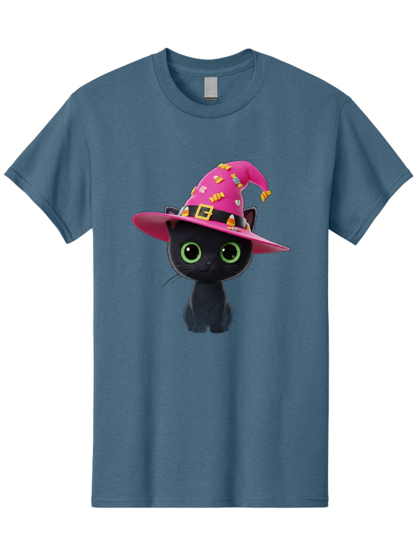 Black-Cat-With-Pink-Witch-Hat Men'S Graphic Tee, 100% Cotton, Comfortable Casual Summer Wear, Machine Washable, Black Cat, Pink Witch Hat, Candy Decorations, Gold Buckle, Green Eyes, Cartoon Style, Whimsical Design, Halloween Theme, Bac630 5