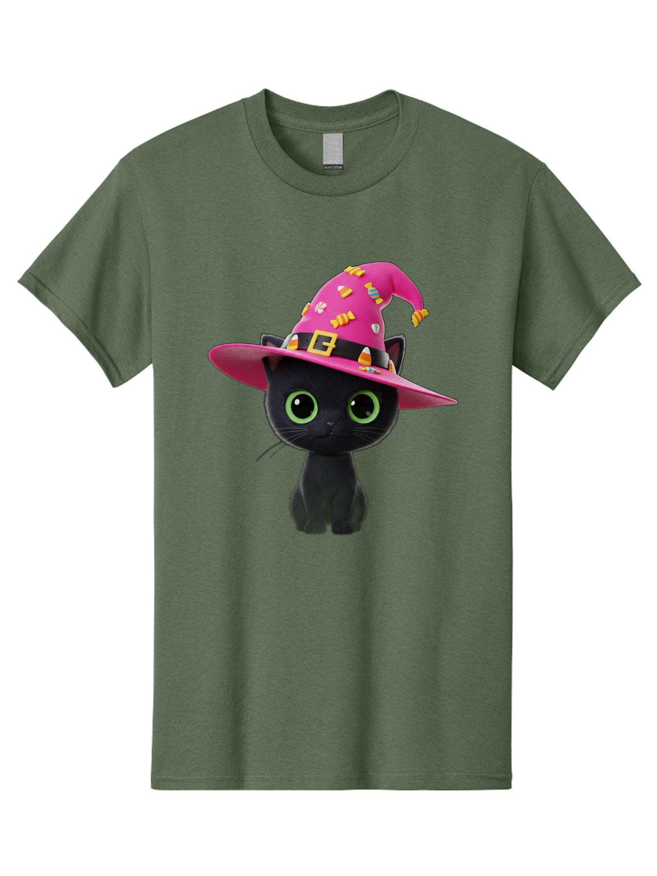Black-Cat-With-Pink-Witch-Hat Men'S Graphic Tee, 100% Cotton, Comfortable Casual Summer Wear, Machine Washable, Black Cat, Pink Witch Hat, Candy Decorations, Gold Buckle, Green Eyes, Cartoon Style, Whimsical Design, Halloween Theme, Bac630 13