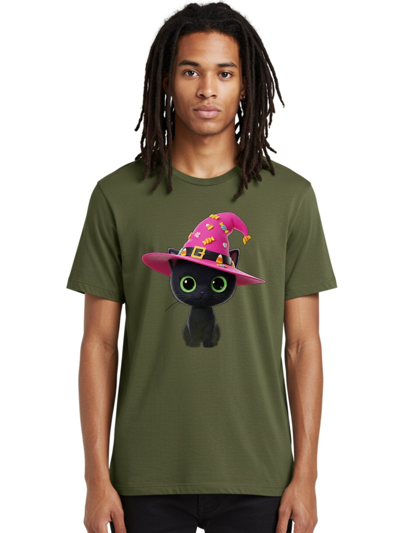Black-Cat-With-Pink-Witch-Hat Men'S Graphic Tee, 100% Cotton, Comfortable Casual Summer Wear, Machine Washable, Black Cat, Pink Witch Hat, Candy Decorations, Gold Buckle, Green Eyes, Cartoon Style, Whimsical Design, Halloween Theme, Bac630 20