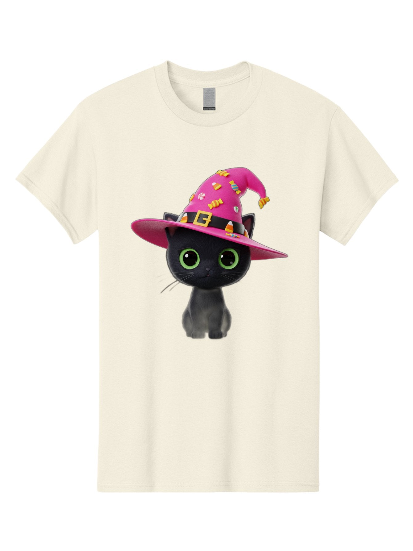 Black-Cat-With-Pink-Witch-Hat Men'S Graphic Tee, 100% Cotton, Comfortable Casual Summer Wear, Machine Washable, Black Cat, Pink Witch Hat, Candy Decorations, Gold Buckle, Green Eyes, Cartoon Style, Whimsical Design, Halloween Theme, Bac630 6