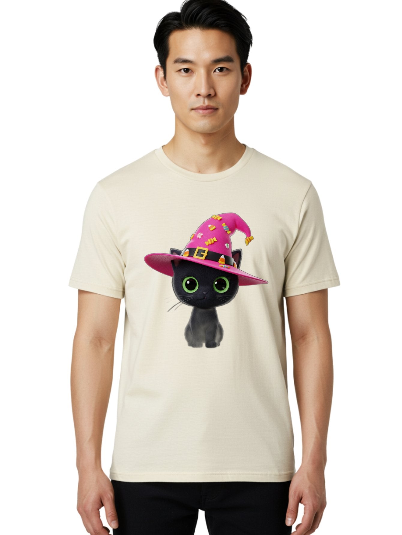 Black-Cat-With-Pink-Witch-Hat Men'S Graphic Tee, 100% Cotton, Comfortable Casual Summer Wear, Machine Washable, Black Cat, Pink Witch Hat, Candy Decorations, Gold Buckle, Green Eyes, Cartoon Style, Whimsical Design, Halloween Theme, Bac630 24