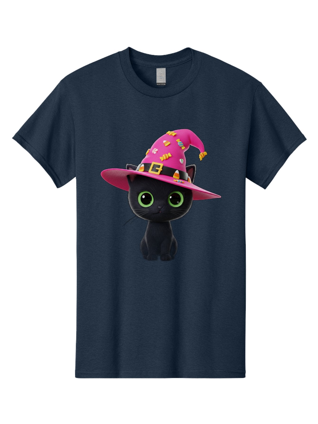 Black-Cat-With-Pink-Witch-Hat Men'S Graphic Tee, 100% Cotton, Comfortable Casual Summer Wear, Machine Washable, Black Cat, Pink Witch Hat, Candy Decorations, Gold Buckle, Green Eyes, Cartoon Style, Whimsical Design, Halloween Theme, Bac630 12