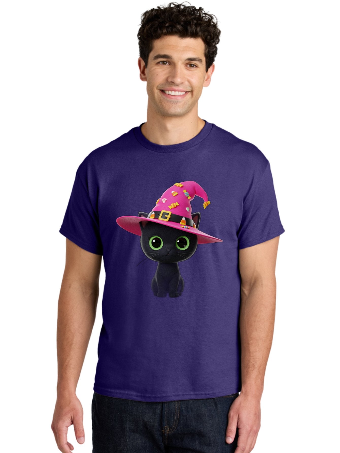 Black-Cat-With-Pink-Witch-Hat Men'S Graphic Tee, 100% Cotton, Comfortable Casual Summer Wear, Machine Washable, Black Cat, Pink Witch Hat, Candy Decorations, Gold Buckle, Green Eyes, Cartoon Style, Whimsical Design, Halloween Theme, Bac630 16