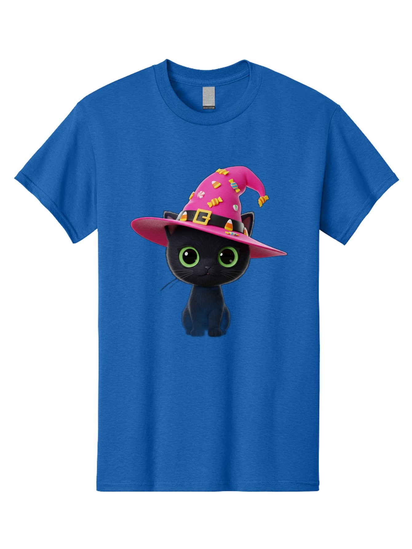 Black-Cat-With-Pink-Witch-Hat Men'S Graphic Tee, 100% Cotton, Comfortable Casual Summer Wear, Machine Washable, Black Cat, Pink Witch Hat, Candy Decorations, Gold Buckle, Green Eyes, Cartoon Style, Whimsical Design, Halloween Theme, Bac630 10