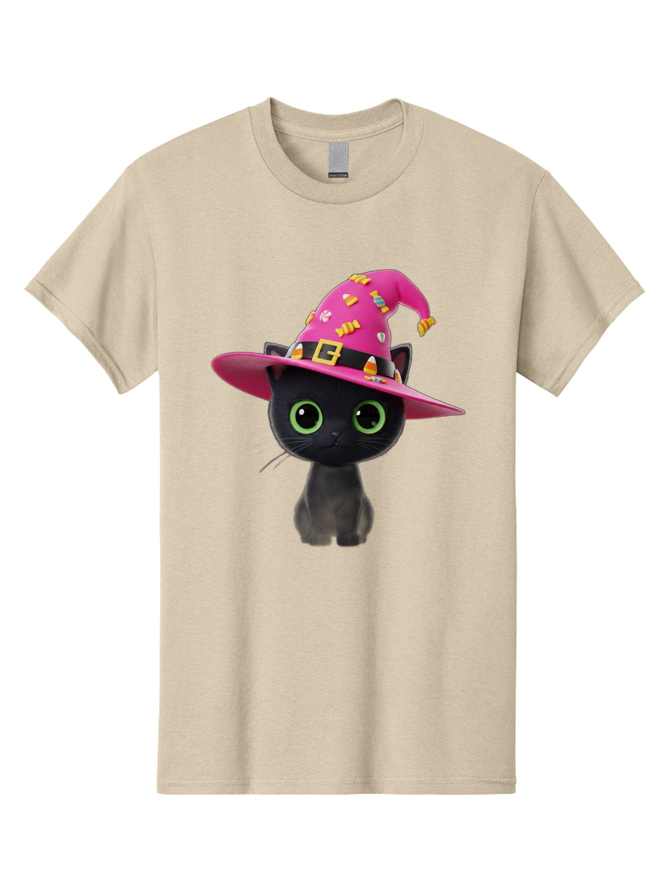 Black-Cat-With-Pink-Witch-Hat Men'S Graphic Tee, 100% Cotton, Comfortable Casual Summer Wear, Machine Washable, Black Cat, Pink Witch Hat, Candy Decorations, Gold Buckle, Green Eyes, Cartoon Style, Whimsical Design, Halloween Theme, Bac630 4