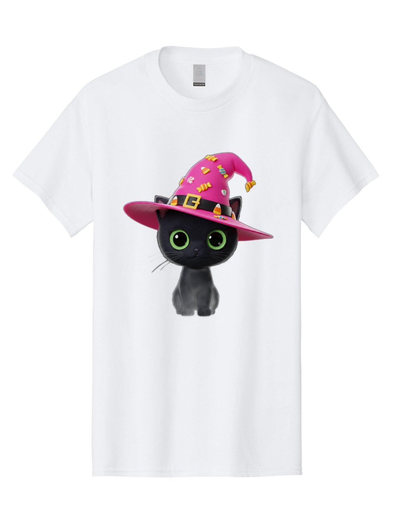 Black-Cat-With-Pink-Witch-Hat Men'S Graphic Tee, 100% Cotton, Comfortable Casual Summer Wear, Machine Washable, Black Cat, Pink Witch Hat, Candy Decorations, Gold Buckle, Green Eyes, Cartoon Style, Whimsical Design, Halloween Theme, Bac630 15