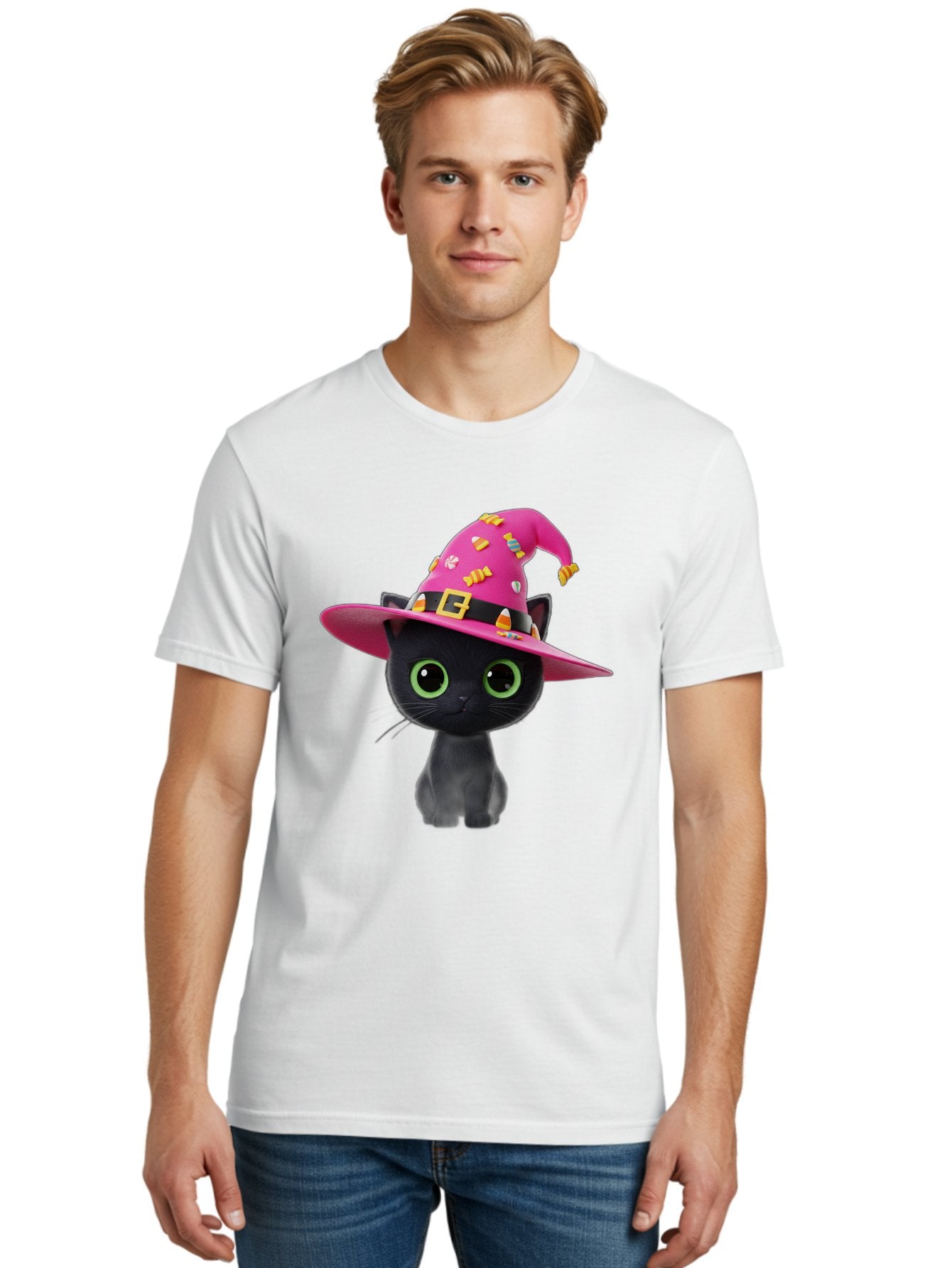 Black-Cat-With-Pink-Witch-Hat Men'S Graphic Tee, 100% Cotton, Comfortable Casual Summer Wear, Machine Washable, Black Cat, Pink Witch Hat, Candy Decorations, Gold Buckle, Green Eyes, Cartoon Style, Whimsical Design, Halloween Theme, Bac630 30