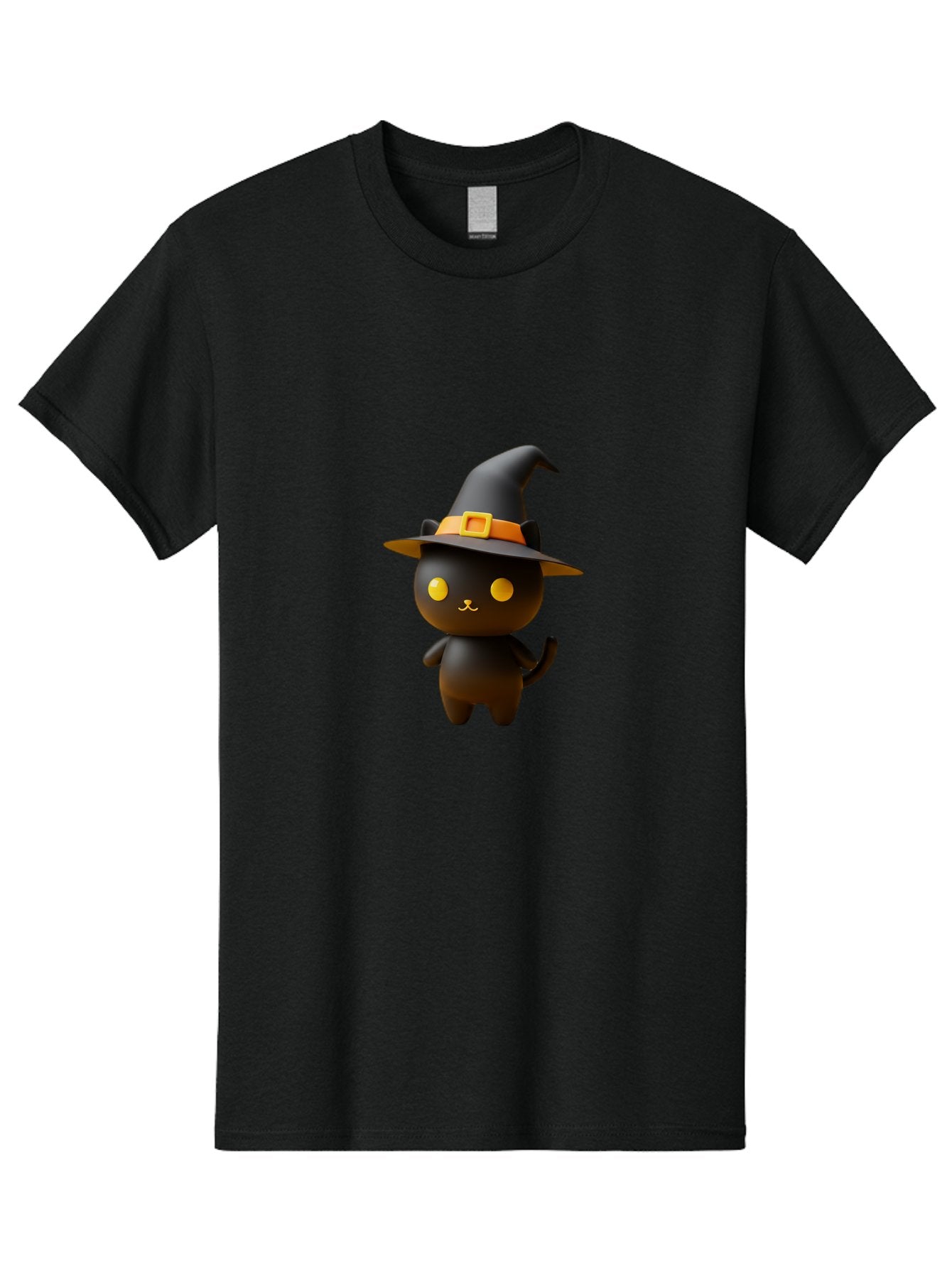 Black-Cat-With-Witch-Hat Men'S Graphic Tee, 100% Cotton, Comfortable Casual Summer Wear, Machine Washable, Black Cat, Witch Hat, Orange Belt, Yellow Buckle, 3D Rendering, Cartoon Character, Halloween Theme, Cute Animal, Whimsical Design, Bac631 5