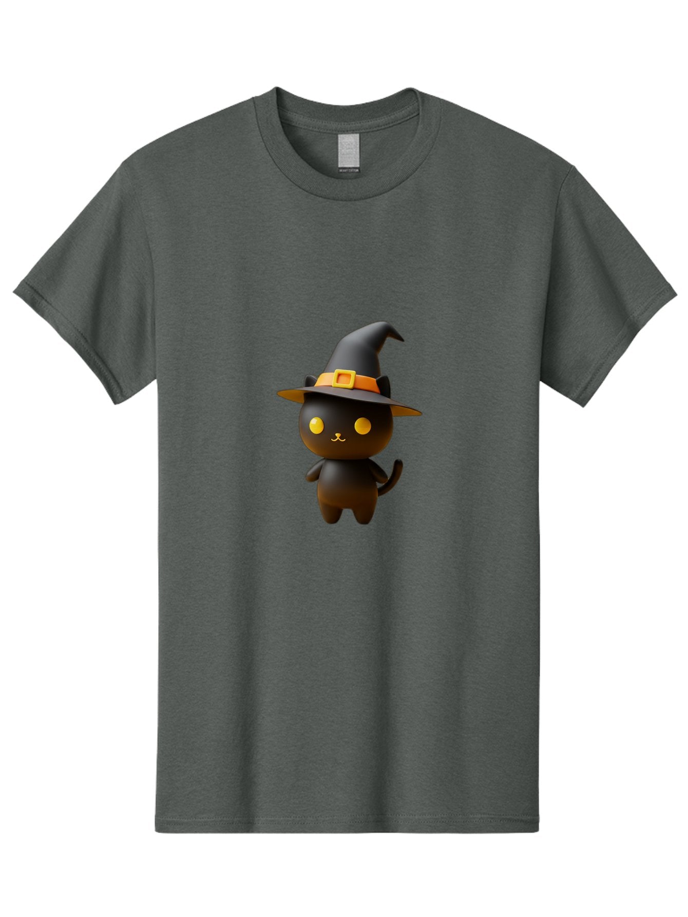 Black-Cat-With-Witch-Hat Men'S Graphic Tee, 100% Cotton, Comfortable Casual Summer Wear, Machine Washable, Black Cat, Witch Hat, Orange Belt, Yellow Buckle, 3D Rendering, Cartoon Character, Halloween Theme, Cute Animal, Whimsical Design, Bac631 4