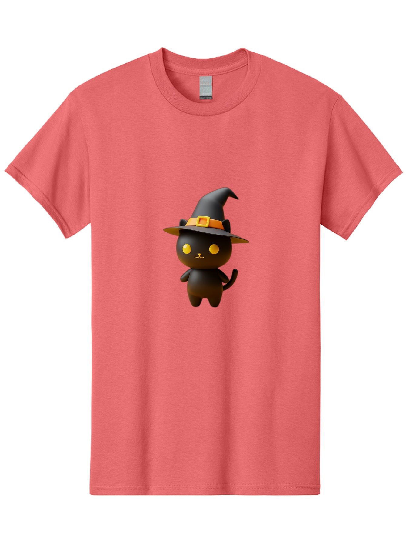 Black-Cat-With-Witch-Hat Men'S Graphic Tee, 100% Cotton, Comfortable Casual Summer Wear, Machine Washable, Black Cat, Witch Hat, Orange Belt, Yellow Buckle, 3D Rendering, Cartoon Character, Halloween Theme, Cute Animal, Whimsical Design, Bac631 8