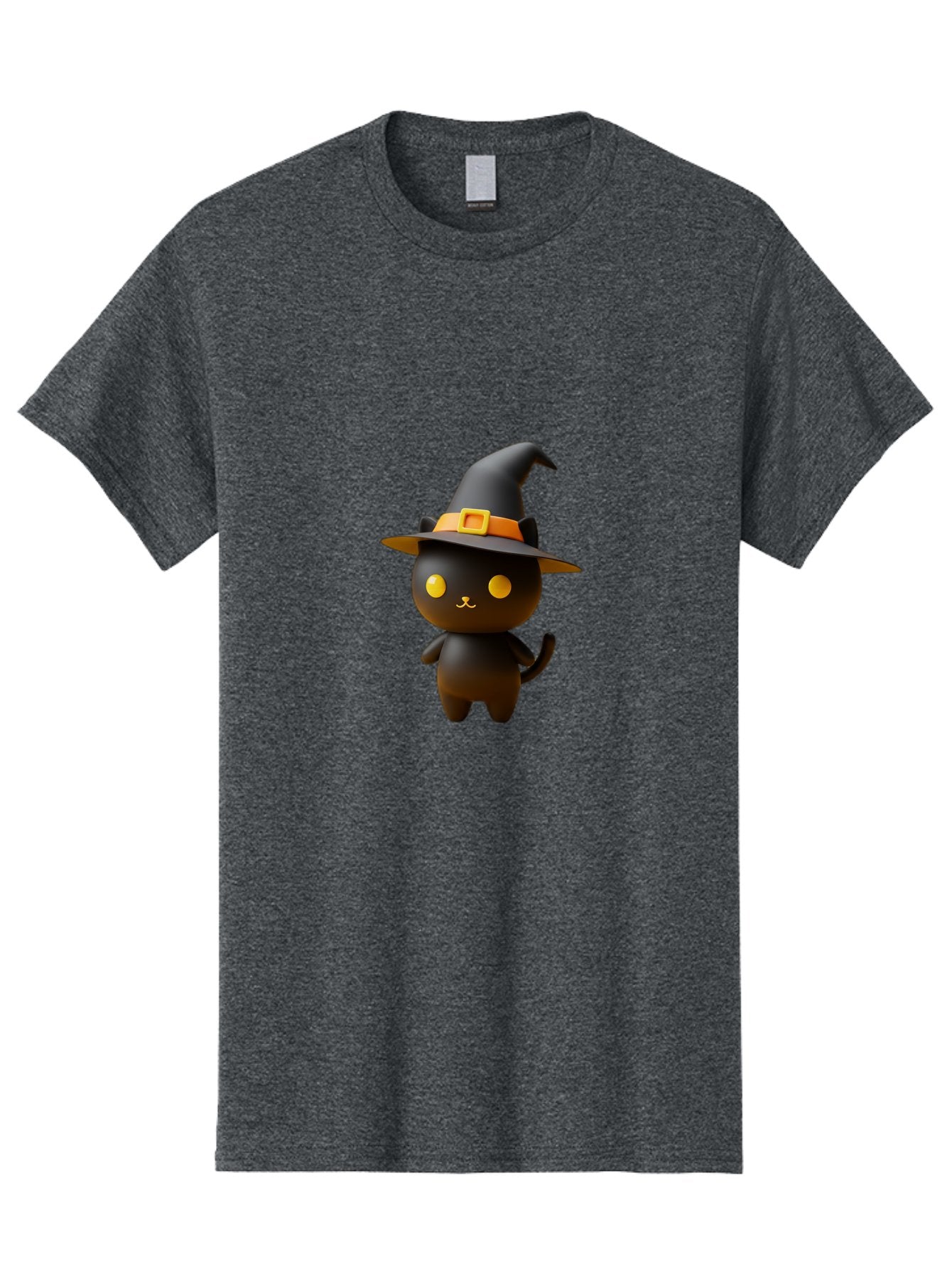 Black-Cat-With-Witch-Hat Men'S Graphic Tee, 100% Cotton, Comfortable Casual Summer Wear, Machine Washable, Black Cat, Witch Hat, Orange Belt, Yellow Buckle, 3D Rendering, Cartoon Character, Halloween Theme, Cute Animal, Whimsical Design, Bac631 9