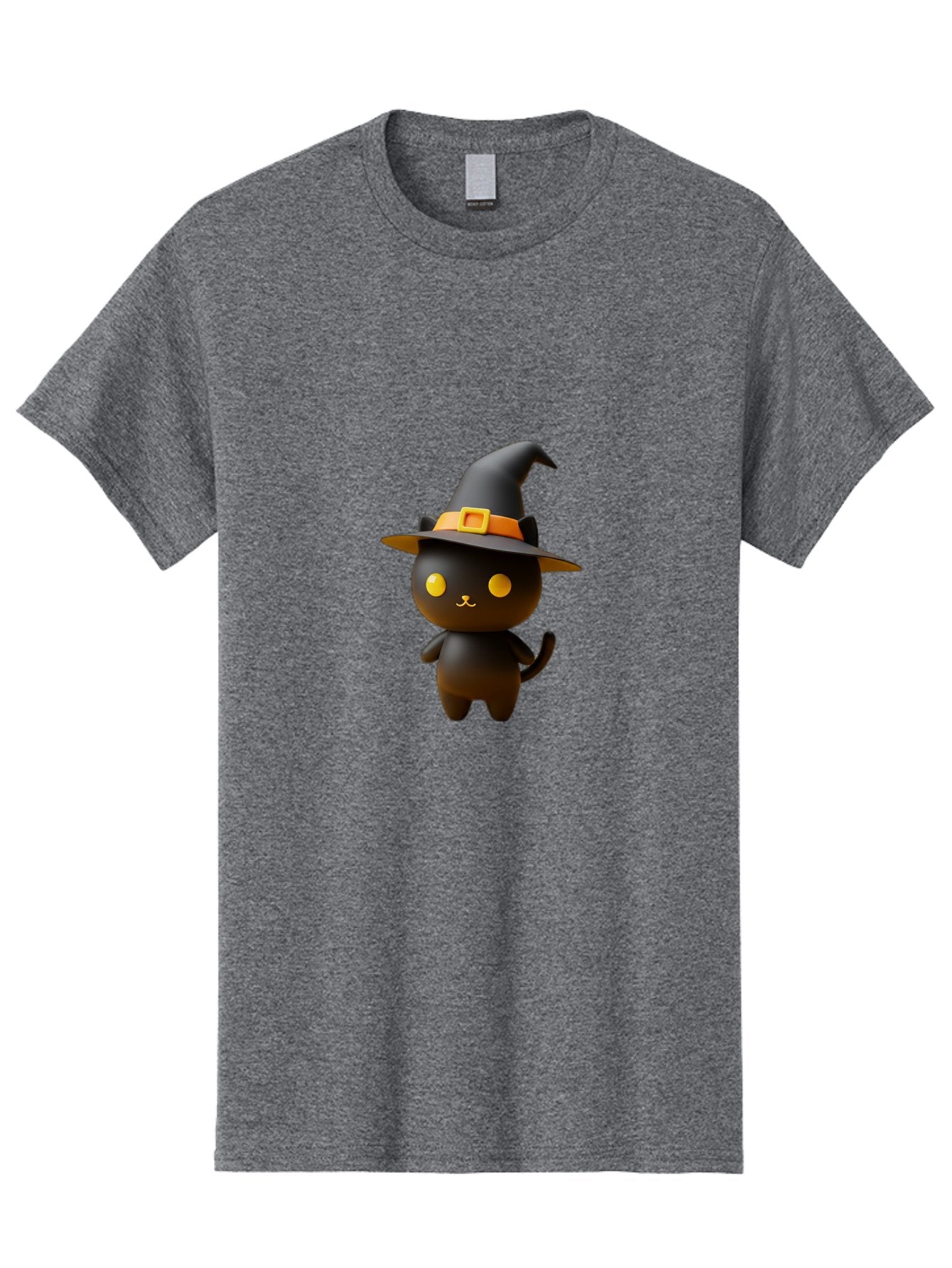 Black-Cat-With-Witch-Hat Men'S Graphic Tee, 100% Cotton, Comfortable Casual Summer Wear, Machine Washable, Black Cat, Witch Hat, Orange Belt, Yellow Buckle, 3D Rendering, Cartoon Character, Halloween Theme, Cute Animal, Whimsical Design, Bac631 14