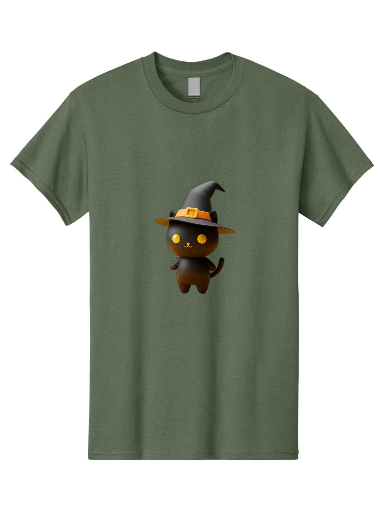 Black-Cat-With-Witch-Hat Men'S Graphic Tee, 100% Cotton, Comfortable Casual Summer Wear, Machine Washable, Black Cat, Witch Hat, Orange Belt, Yellow Buckle, 3D Rendering, Cartoon Character, Halloween Theme, Cute Animal, Whimsical Design, Bac631 15