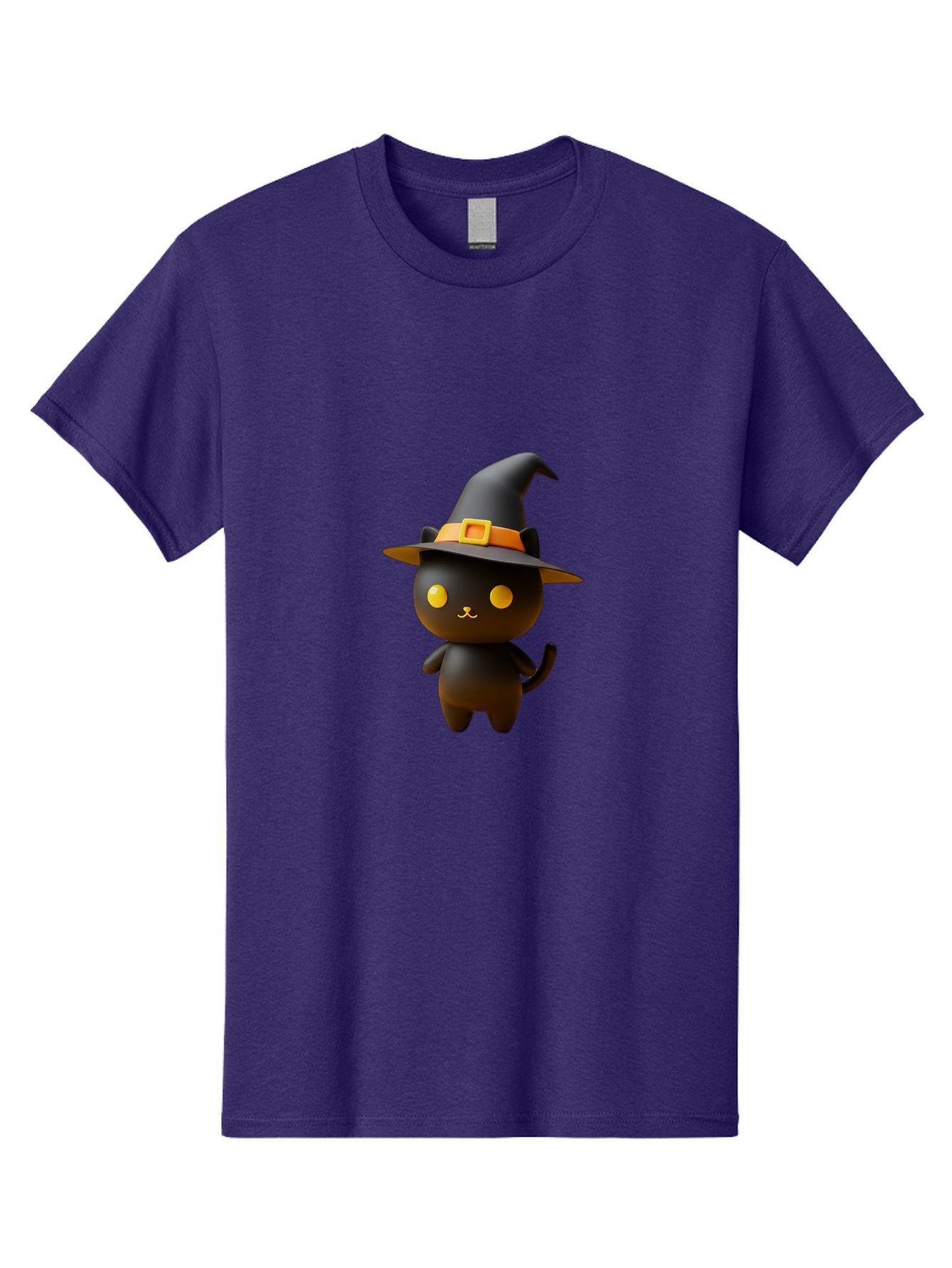 Black-Cat-With-Witch-Hat Men'S Graphic Tee, 100% Cotton, Comfortable Casual Summer Wear, Machine Washable, Black Cat, Witch Hat, Orange Belt, Yellow Buckle, 3D Rendering, Cartoon Character, Halloween Theme, Cute Animal, Whimsical Design, Bac631 12