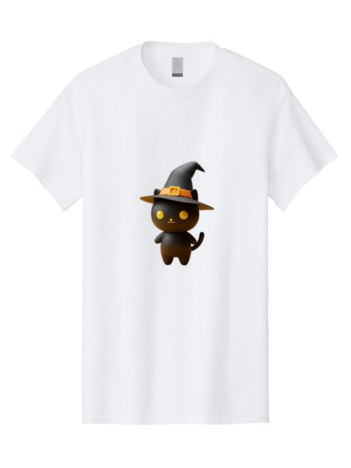 Black-Cat-With-Witch-Hat Men'S Graphic Tee, 100% Cotton, Comfortable Casual Summer Wear, Machine Washable, Black Cat, Witch Hat, Orange Belt, Yellow Buckle, 3D Rendering, Cartoon Character, Halloween Theme, Cute Animal, Whimsical Design, Bac631 3