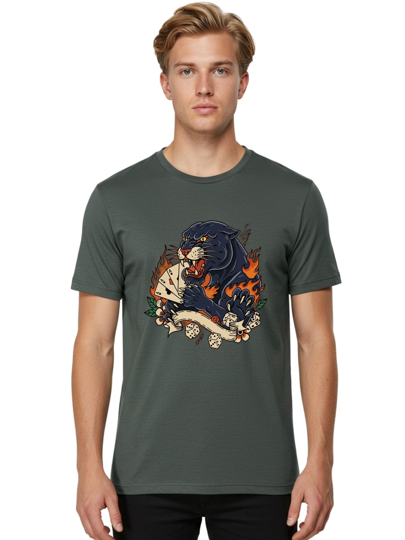 Black-Panther-Card-Tattoo Men'S Graphic Tee, 100% Cotton, Comfortable Casual Summer Wear, Machine Washable, Black Panther, Playing Cards, Dice, Banner, Flames, Aggressive Posture, Tattoo Design, Casino Theme, Gambling, Fierce Animal, Bac633 29