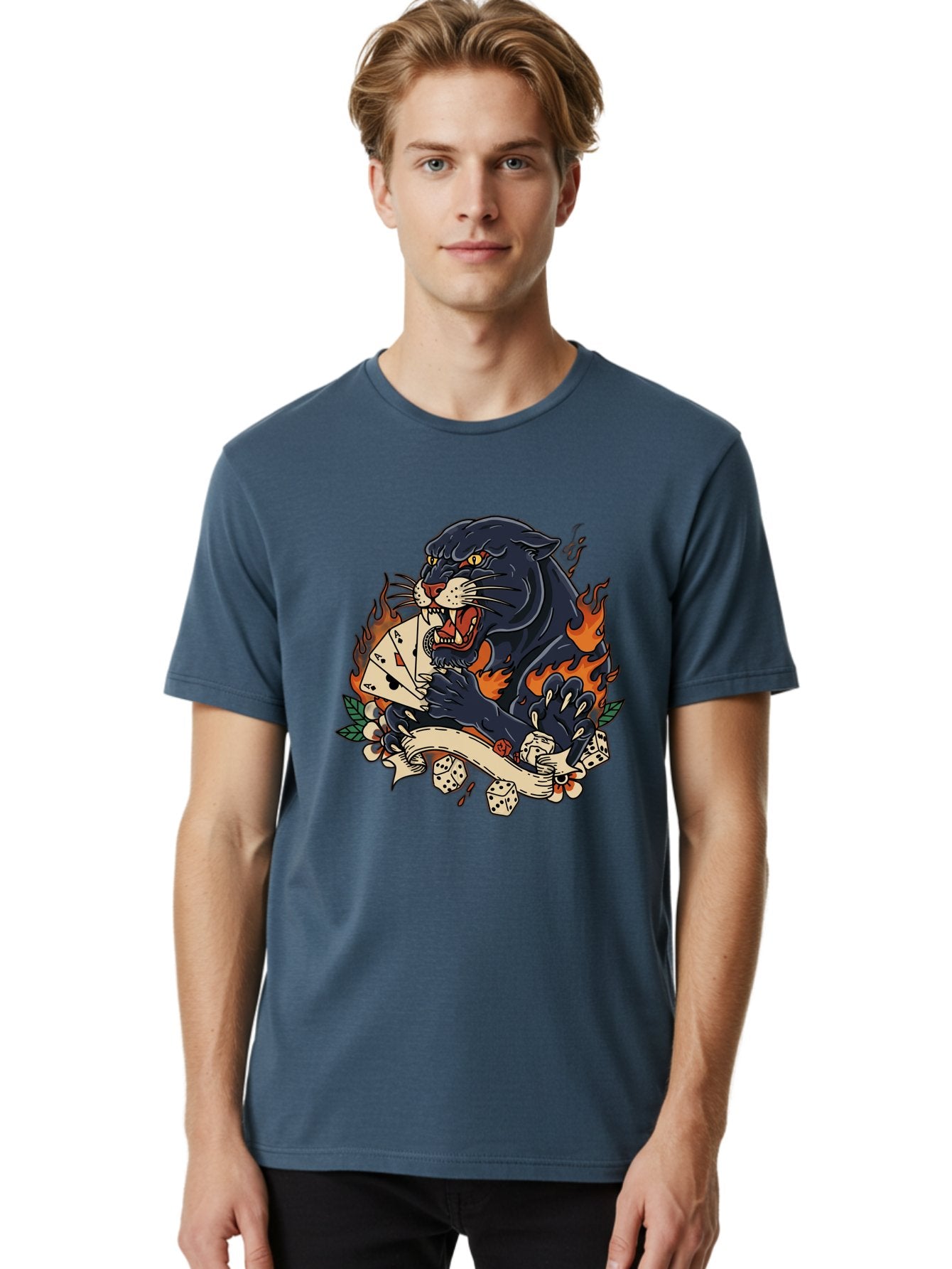 Black-Panther-Card-Tattoo Men'S Graphic Tee, 100% Cotton, Comfortable Casual Summer Wear, Machine Washable, Black Panther, Playing Cards, Dice, Banner, Flames, Aggressive Posture, Tattoo Design, Casino Theme, Gambling, Fierce Animal, Bac633 19