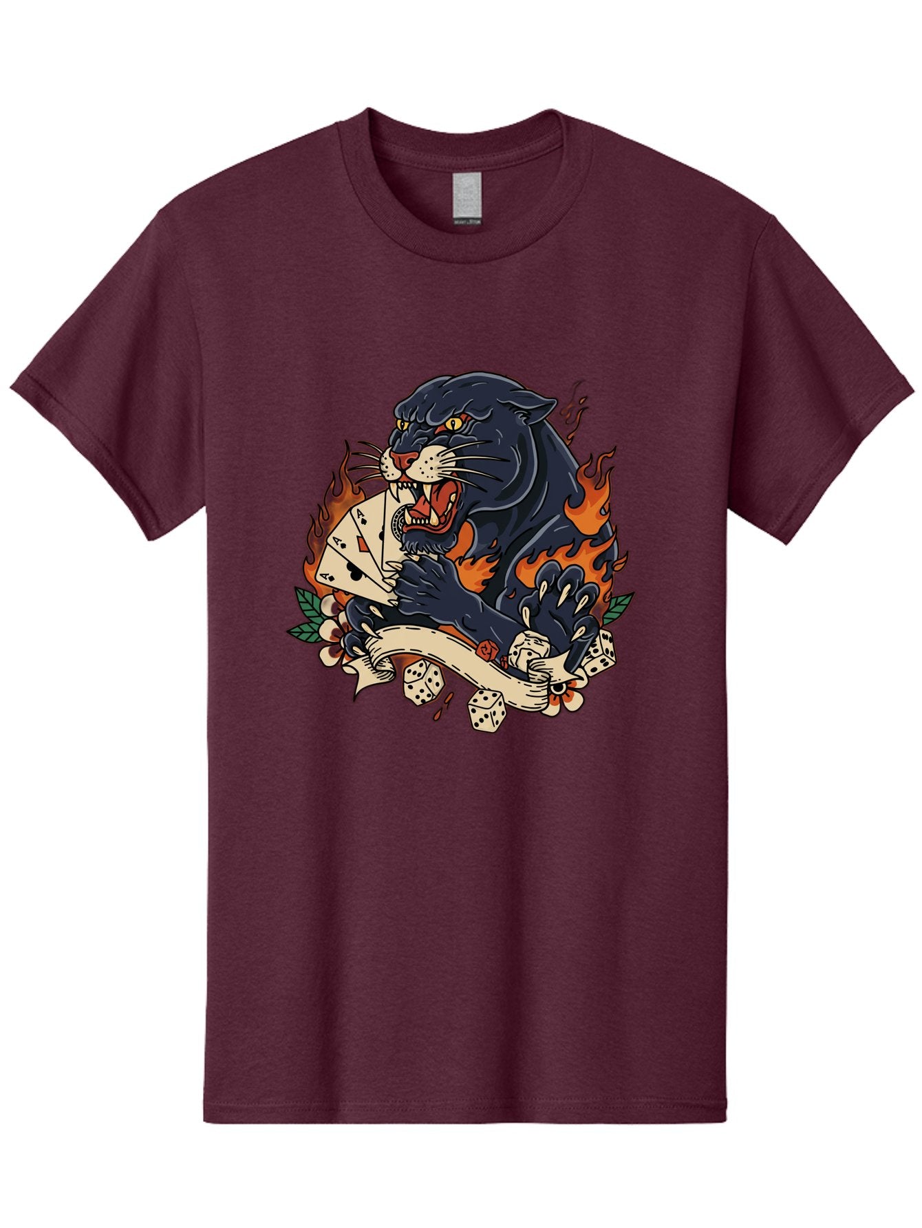 Black-Panther-Card-Tattoo Men'S Graphic Tee, 100% Cotton, Comfortable Casual Summer Wear, Machine Washable, Black Panther, Playing Cards, Dice, Banner, Flames, Aggressive Posture, Tattoo Design, Casino Theme, Gambling, Fierce Animal, Bac633 13